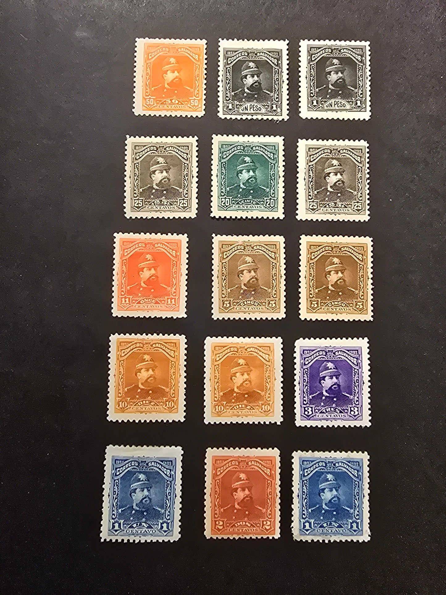 Lot 145 El Salvador SC#76-85 1c - 1p Blue - Black Carlos Ezeta, 1893 Carlos Ezeta Seebeck Issues, 15 F/VFOG Singles, With Shade & Paper Varieties