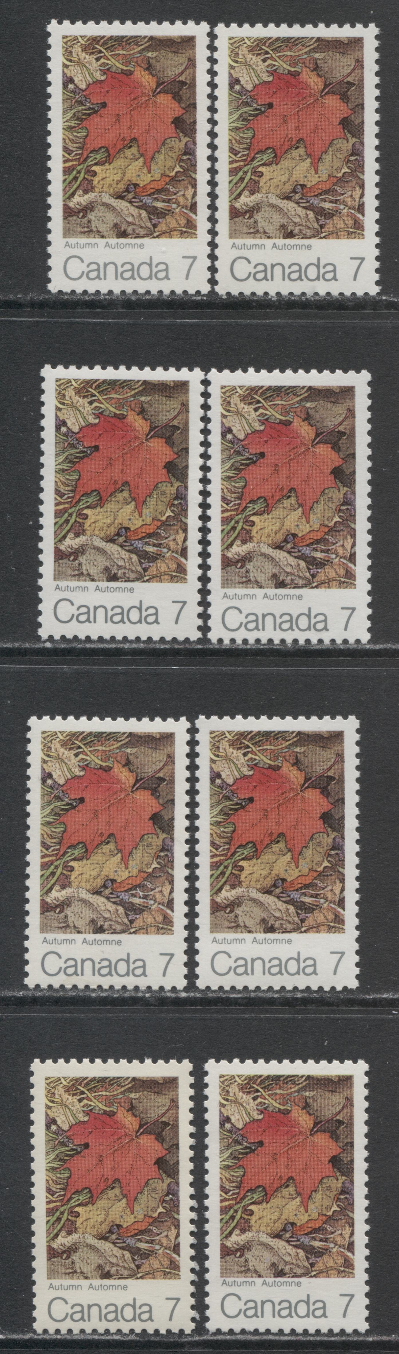 Canada #537 6c Multicolored Autumn, 1971 Maple Leaves, 8 VFNH Singles On Various HF/HB, HB/HB, HB/HF, HF/HF & MF/HF Horizontal Wove Papers
