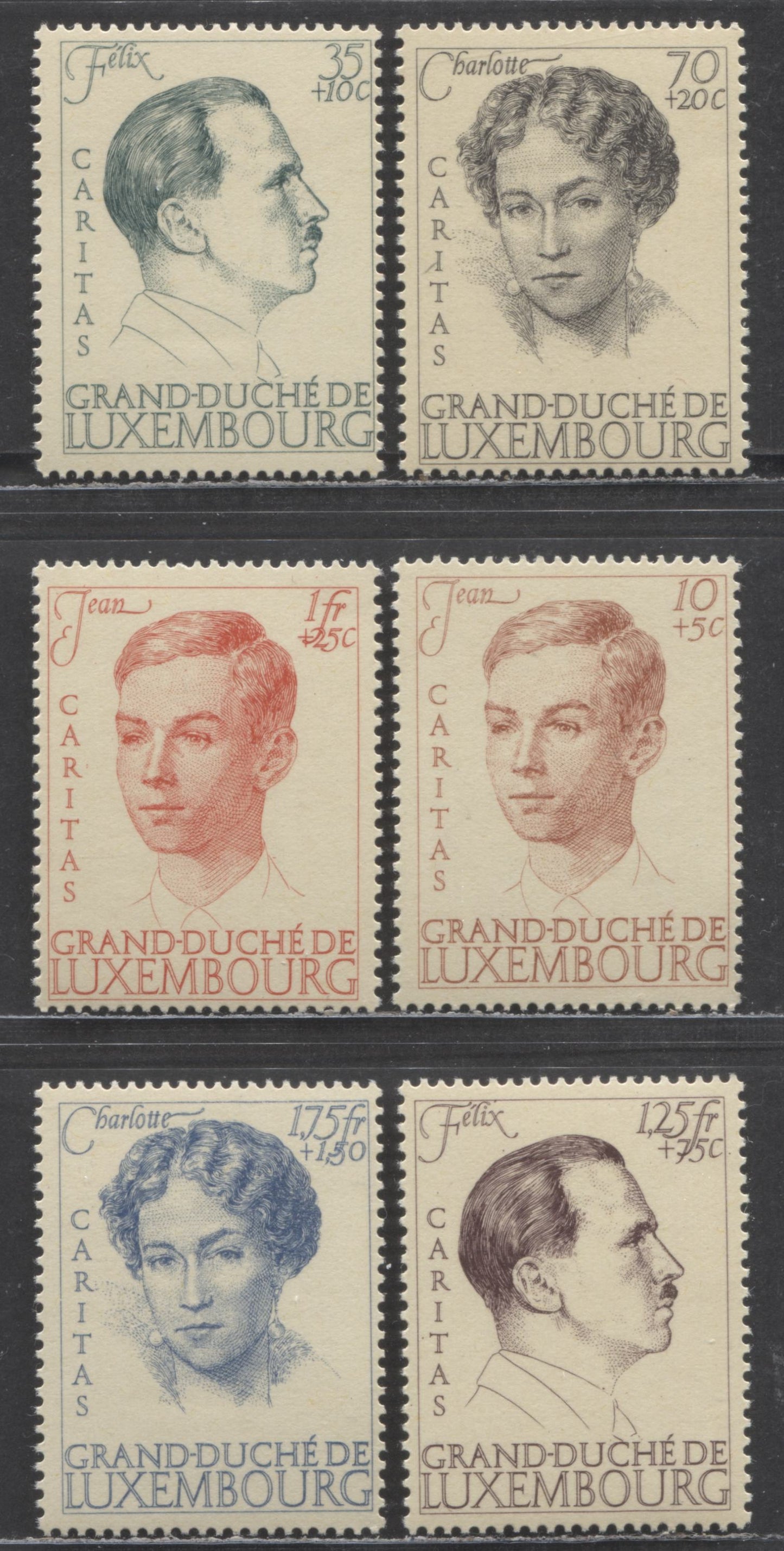 Lot 50 Luxembourg SC#B98-B103 1939 Royal Family Semi Postals, 10c+5c Red Brown - 1.75Fr+1.5Fr Blue, 6 FNH Singles, Click on Listing to See ALL Pictures, Estimated Value $22 USD