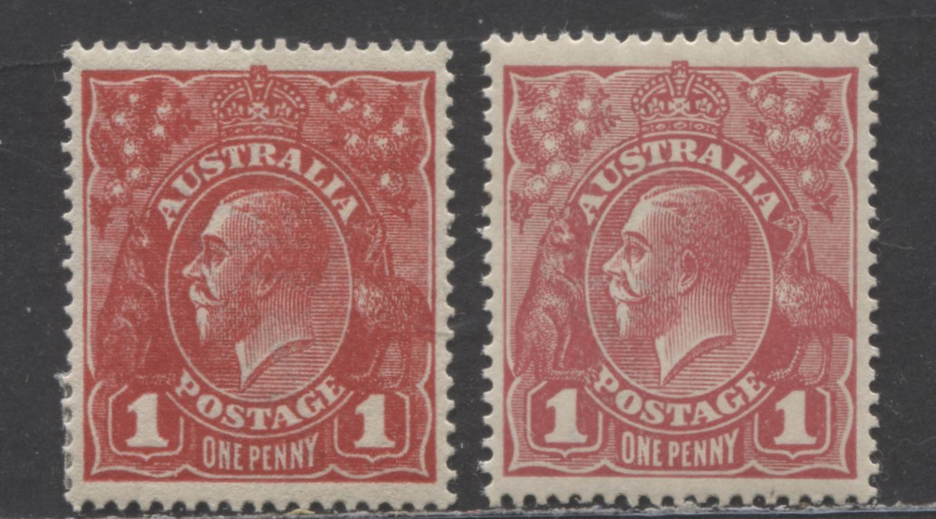 Lot 18 Australia SG#21c/21cc 1914-1920 Engraved KGV Profile Head Issue, 1d Scarlet & Pale Carmine, Comb Perfs 14.25 x 14, Crown Wmk, 2 VFOG Singles, Click on Listing to See ALL Pictures, 2022 Scott Classic Cat. $42.5 USD