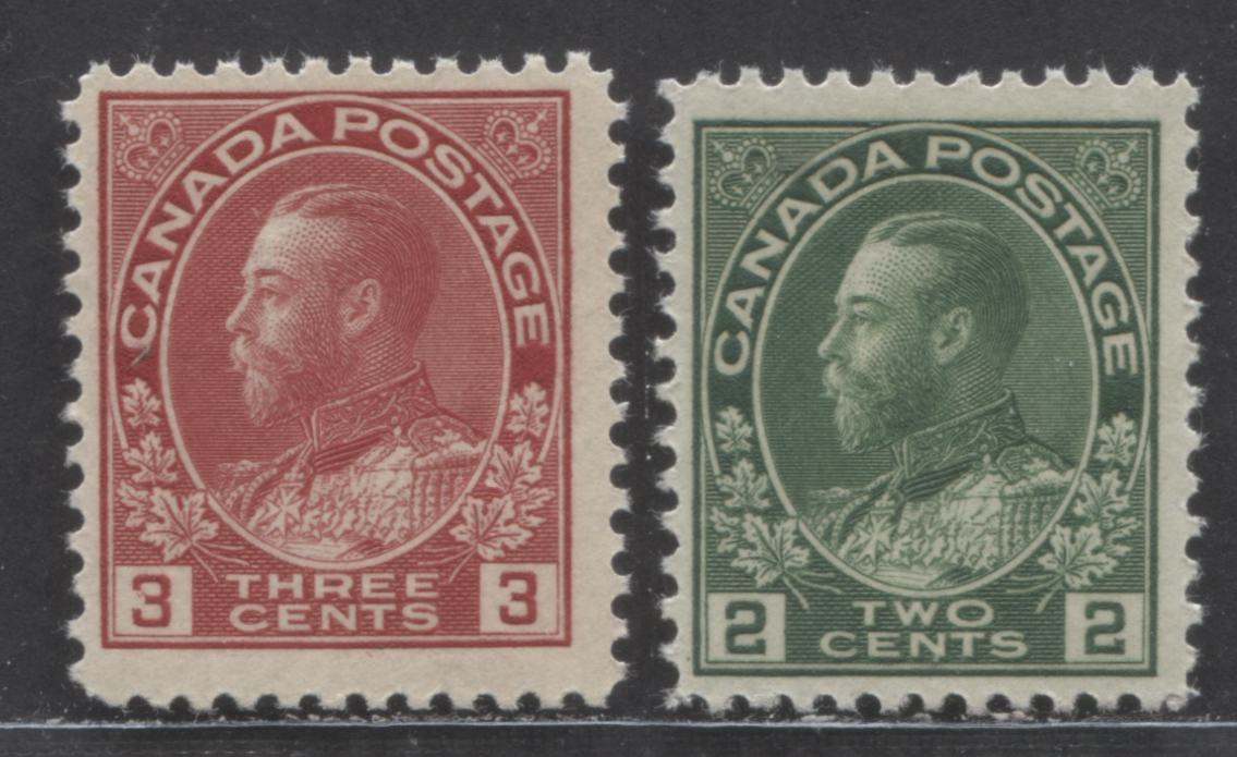Lot 33 Canada #107e, 109 2c, 3c Green, Carmine Red, 1911 - 1925 King George V Admiral Issue, 2 FNH Singles Die1 Dry Printings - F-65 NH