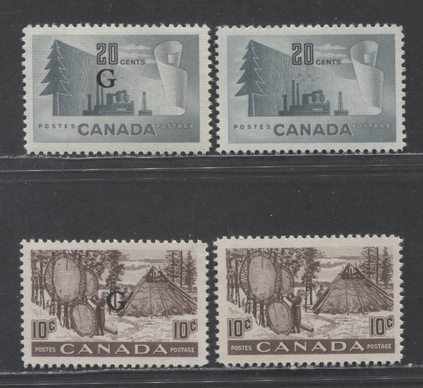 Lot 41 Canada #O26, O30, 301, 316 10c & 20c Black Brown & Gray Drying Skins & Paper Mill, 1950-1952 Fur & Forestry Resource & G Overprint Issues, 4 VFNH Singles