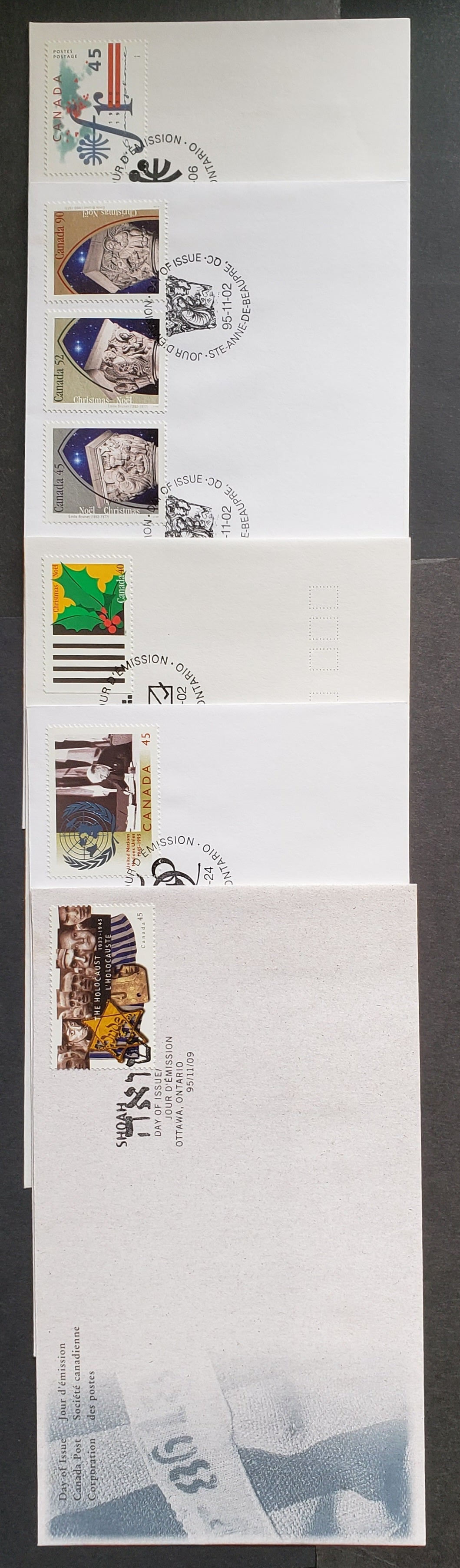 Canada #1584-1590 45c/90c Multicolor 1995 United Nation - Holocaust Issues, 5 Canada Post FDC's Franked With Singles, Approx 30,000-40,000 Issued, Cat. Value $10.25