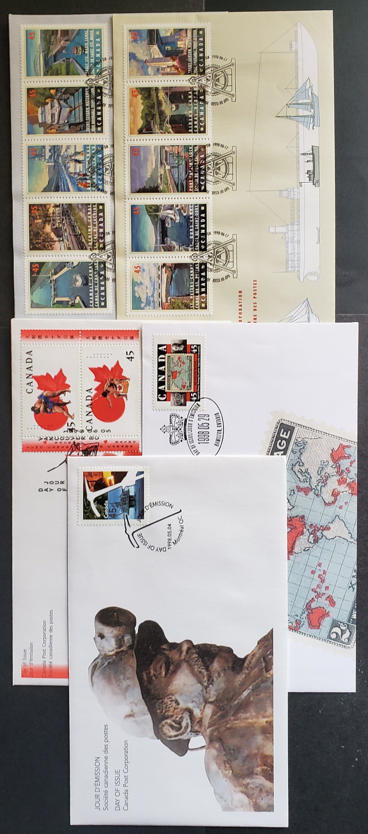 Canada #1721-1724a, 1725-1734 45c Multicolor 1998 CIM Centennrial - Canal Issues, 5 Canada Post FDC's Franked With Singles & Pair, Approx 40,000 Of Each Issued, Cat. Value $15.6