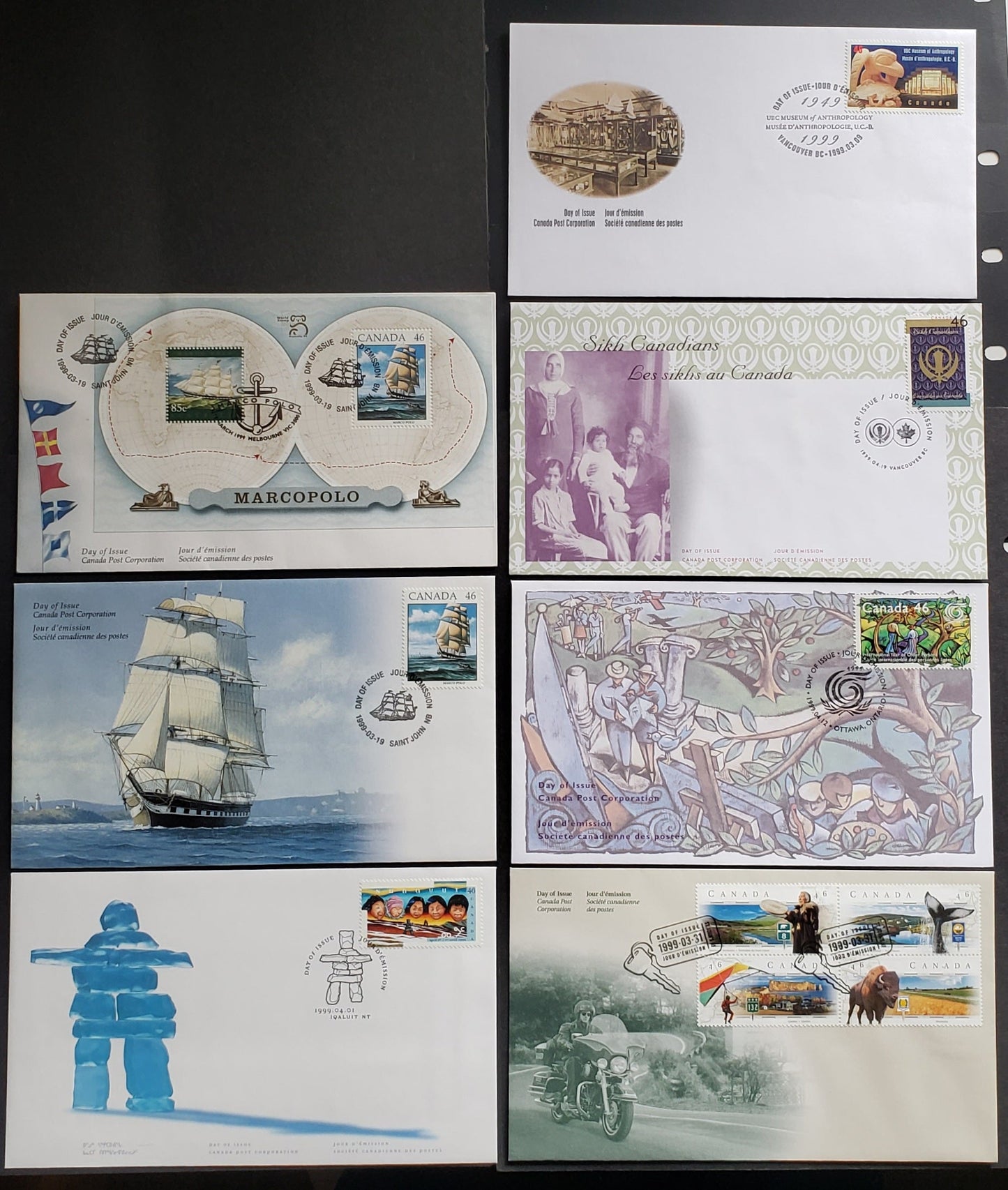 Canada #1778-1786, 1779a 46c Multicolor 1999 Museum Of Anthropology - Sikhs Issues, 7 Canada Post FDC's Franked With Singles & Block, Approx 42,000 Of Each Issued, Cat. Value $16.4