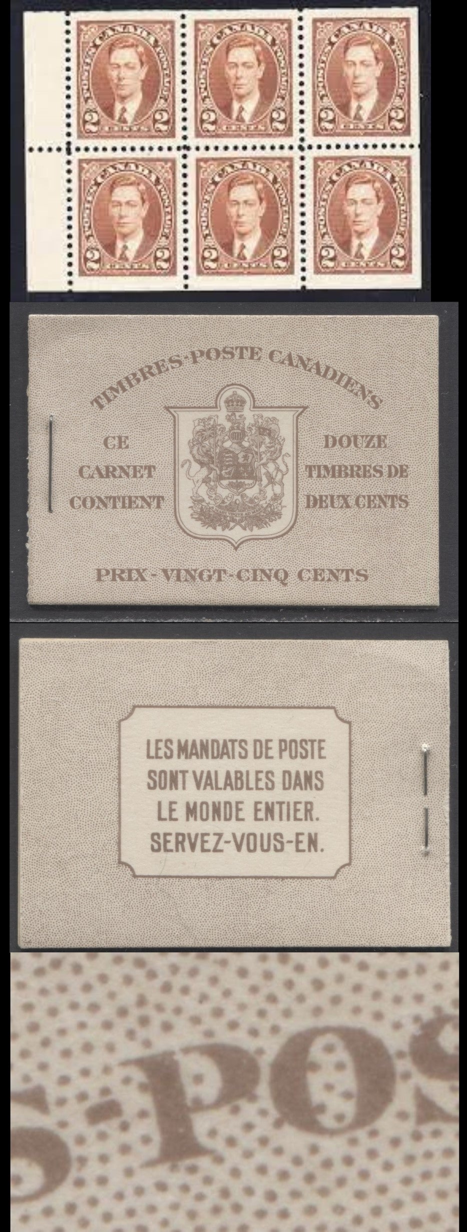 Canada #BK29cF 1937-1942 Mufti Issue, A Complete 25c French Booklet, Type II Covers, 6c Rate Page, Vertical Wove Paper, Cream Gum, Front Cover IIL, Back Cover B, VF and Scarce As Only 42,000 French Booklets Issued