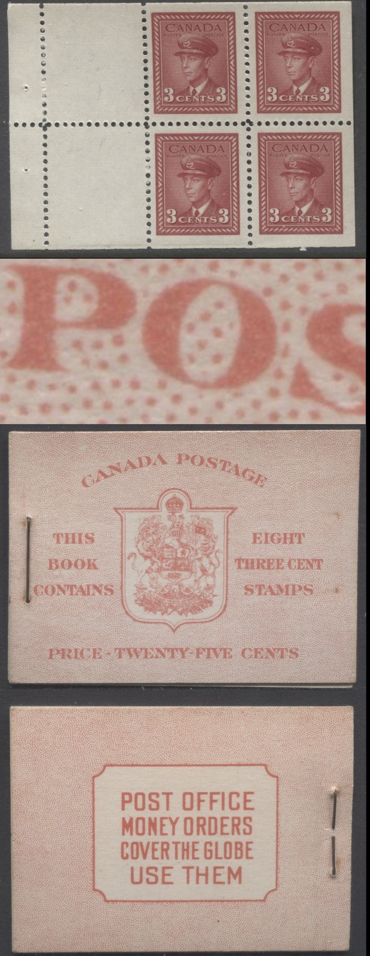 Lot 53 Canada #BK34aE 1942-1947 War Issue, A Complete 25c English Booklet, 2 Panes Of 4+2 Labels 3c Dark Carmine, Front Cover IIf, Type 1A Cover, 6c Rate Page, 4,650,000 Issued