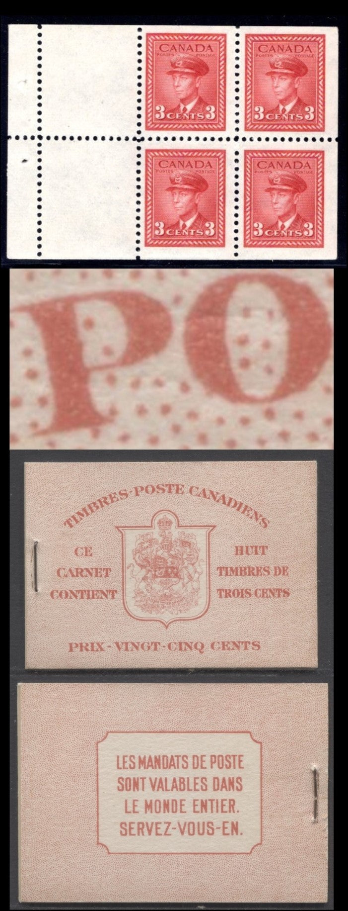 Lot 76 Canada #BK34dF 1942-1947 War Issue, A Complete 25c French Booklet, 2 Panes Of 4+2 Labels 3c Dark Carmine, Front Cover IIn, Type 1B Cover, Surcharged Rate Page, 560,000 Issued