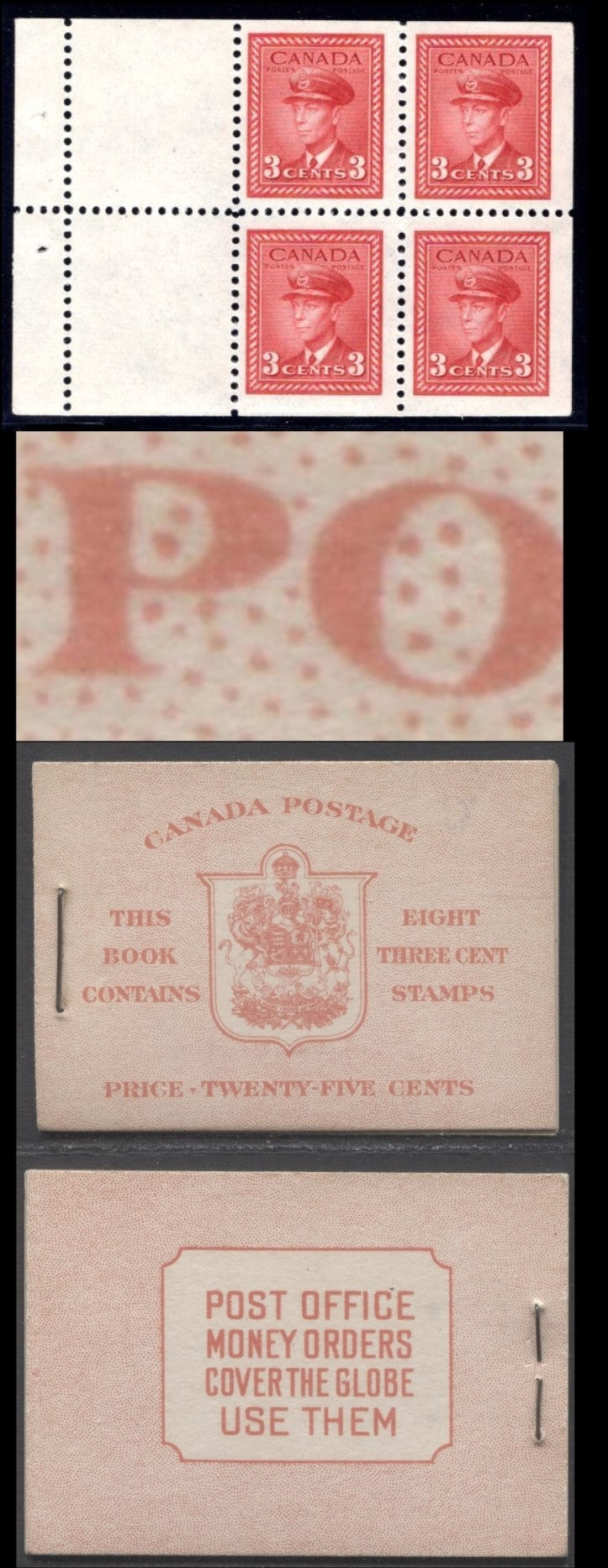 Lot 54 Canada #BK34cE 1942-1947 War Issue, A Complete 25c English Booklet, 2 Panes Of 4+2 Labels 3c Dark Carmine, Front Cover IIe, Type 1A Cover, No Rate Page, 4,650,000 Issued