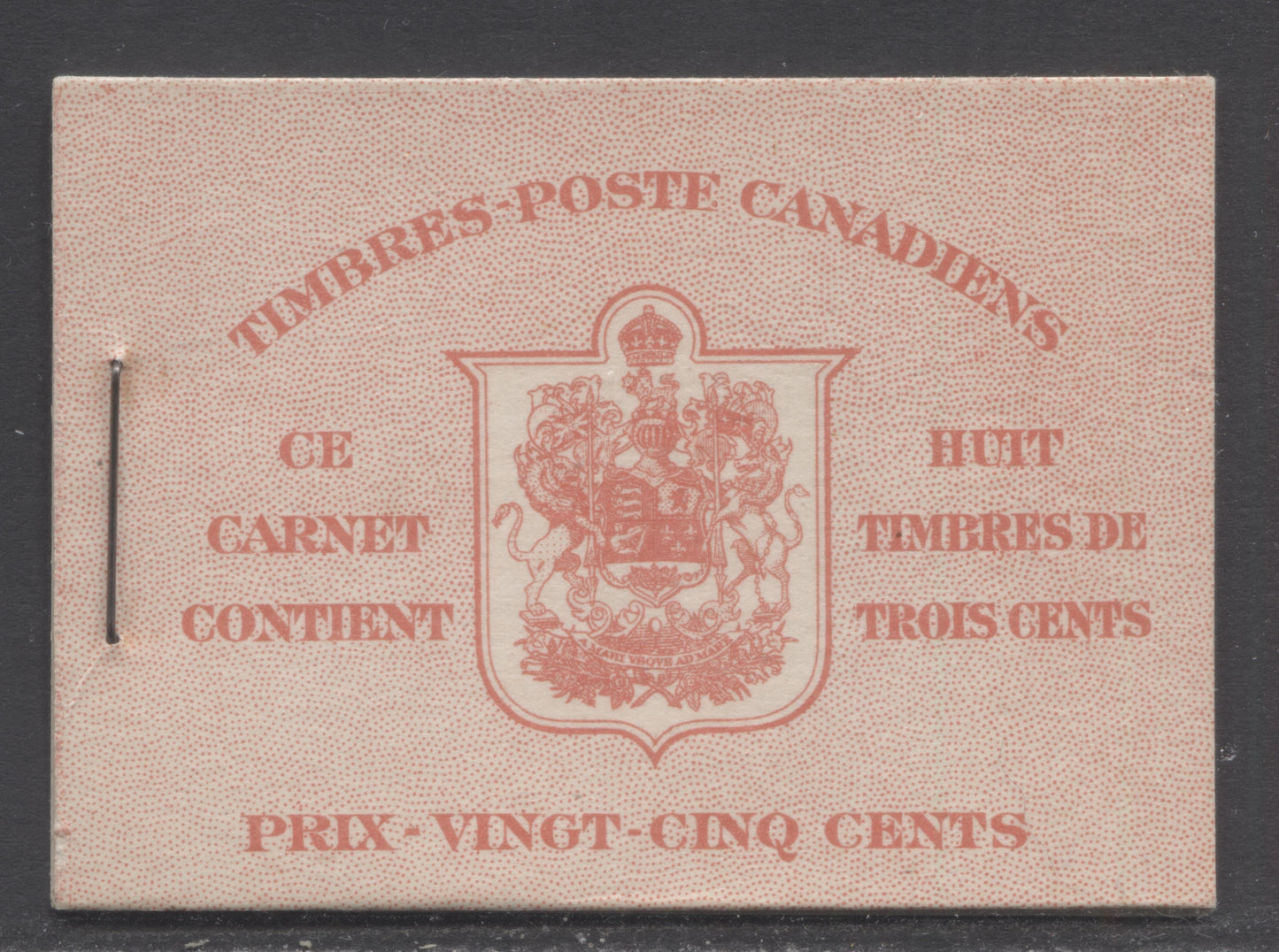 Canada #BK34cF 1942-1947 War Issue, A Complete 25c French Booklet, 2 Panes Of 4+2 Labels 3c Dark Carmine, Front Cover IIo, Type 1B Cover, No Rate Page, 560,000 Issued