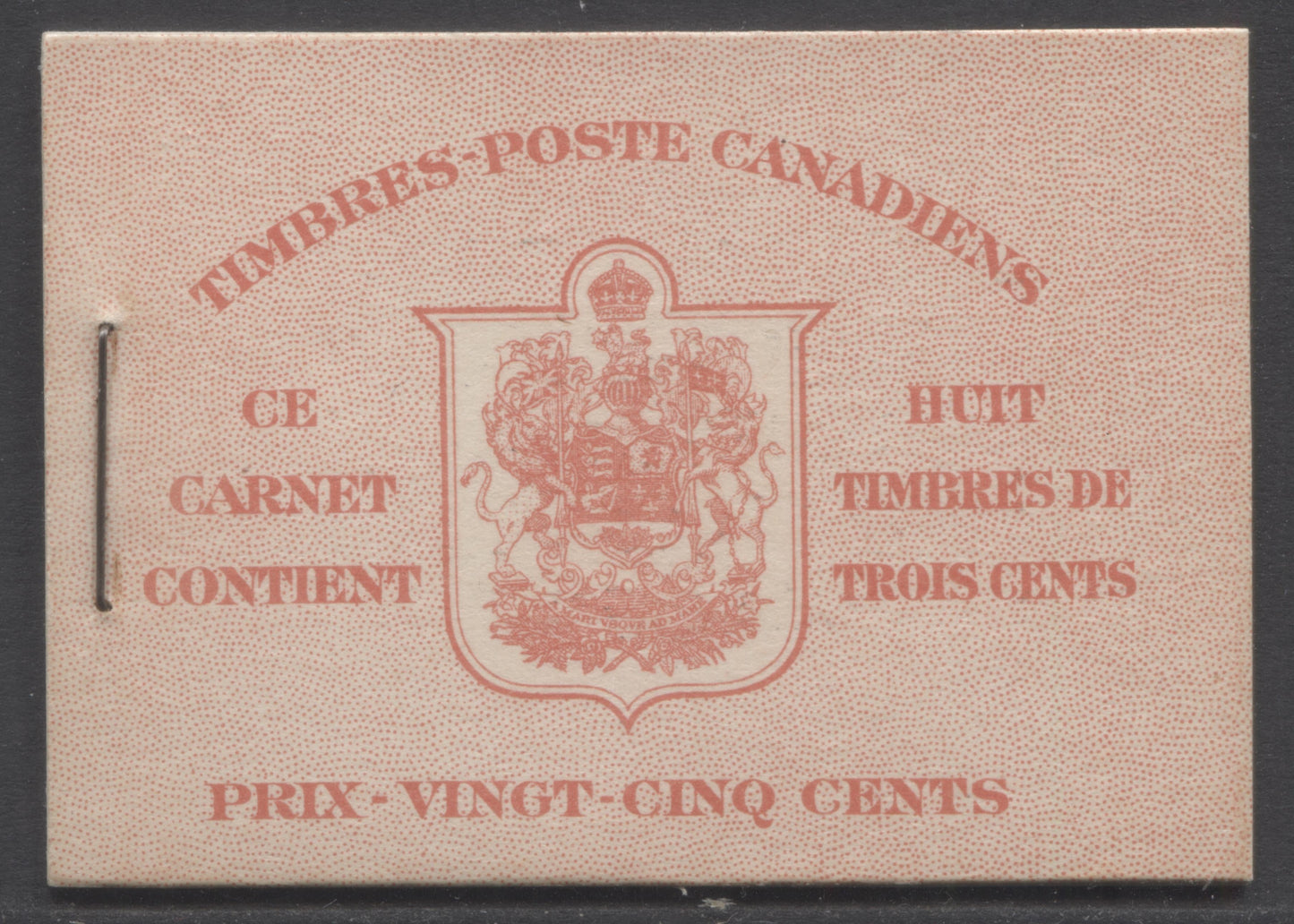 Lot 54 Canada #BK34dF 1942-1947 War Issue, A Complete 25c French Booklet, 2 Panes Of 4+2 Labels 3c Dark Carmine, Front Cover IIo, Type 1B Cover, Surcharged Rate Page, 560,000 Issued