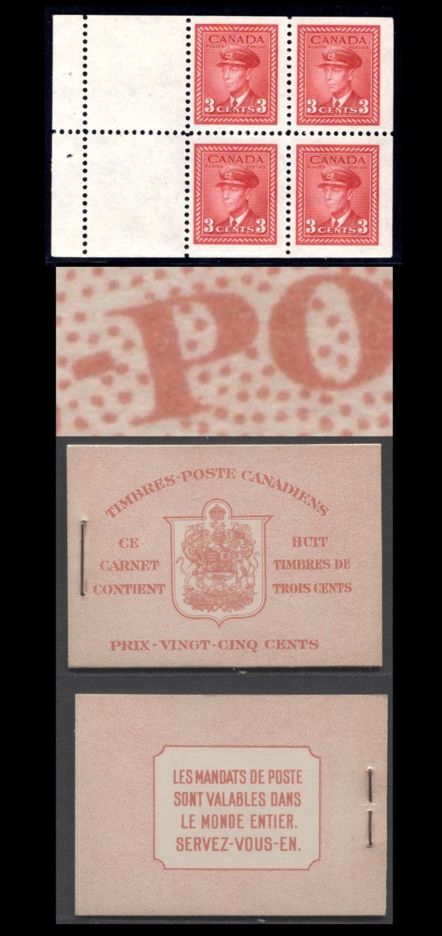 Lot 54 Canada #BK34dF 1942-1947 War Issue, A Complete 25c French Booklet, 2 Panes Of 4+2 Labels 3c Dark Carmine, Front Cover IIo, Type 1B Cover, Surcharged Rate Page, 560,000 Issued