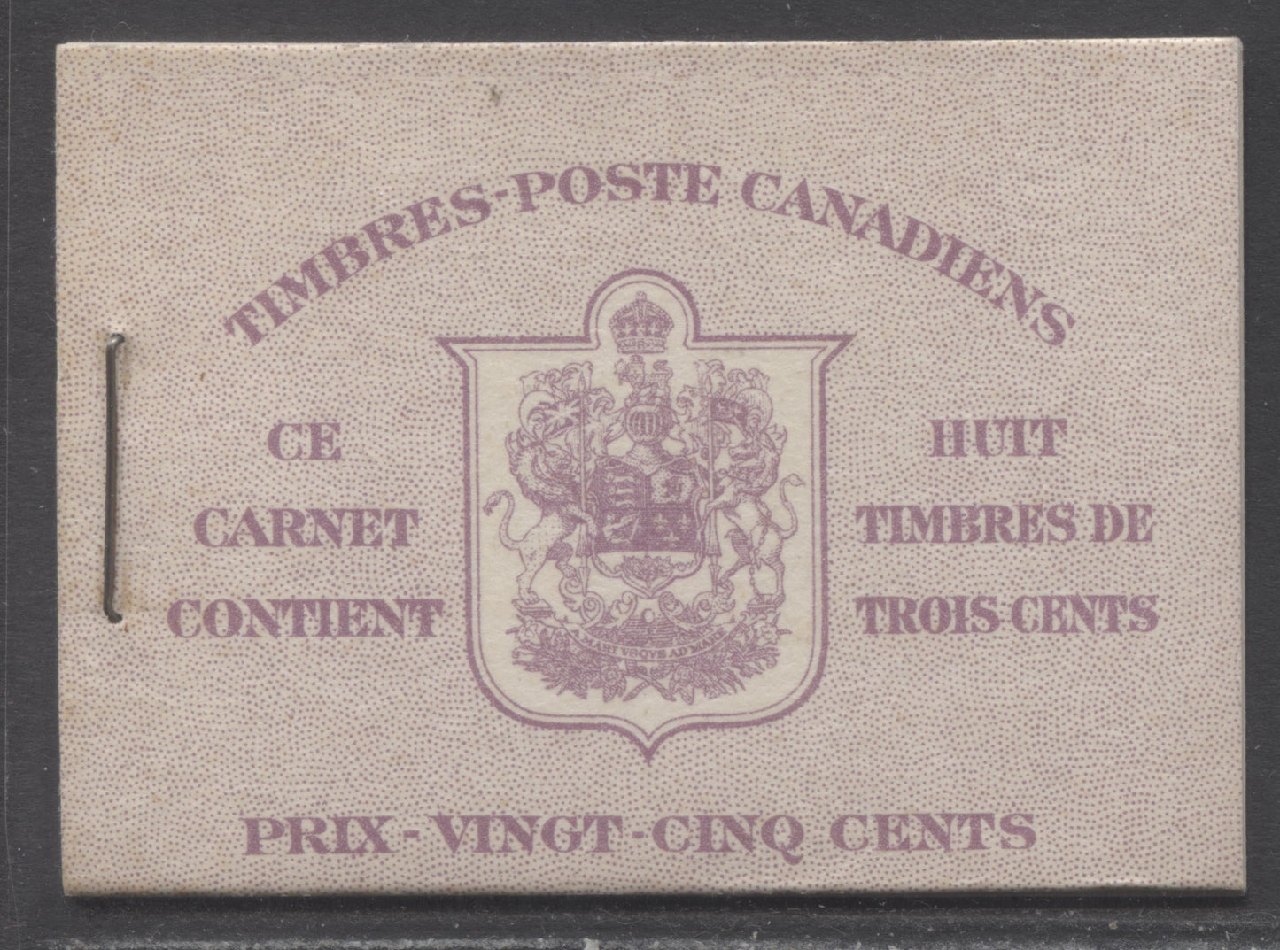 Lot 78 Canada #BK35bF 1942-1947 War Issue, A Complete 25c French Booklet, 2 Panes Of 4+2 Labels 3c Rose Violet, Front Cover IIn, Back Cover Diii, Type II, 7c & 6c Rates, 61,000 Issued