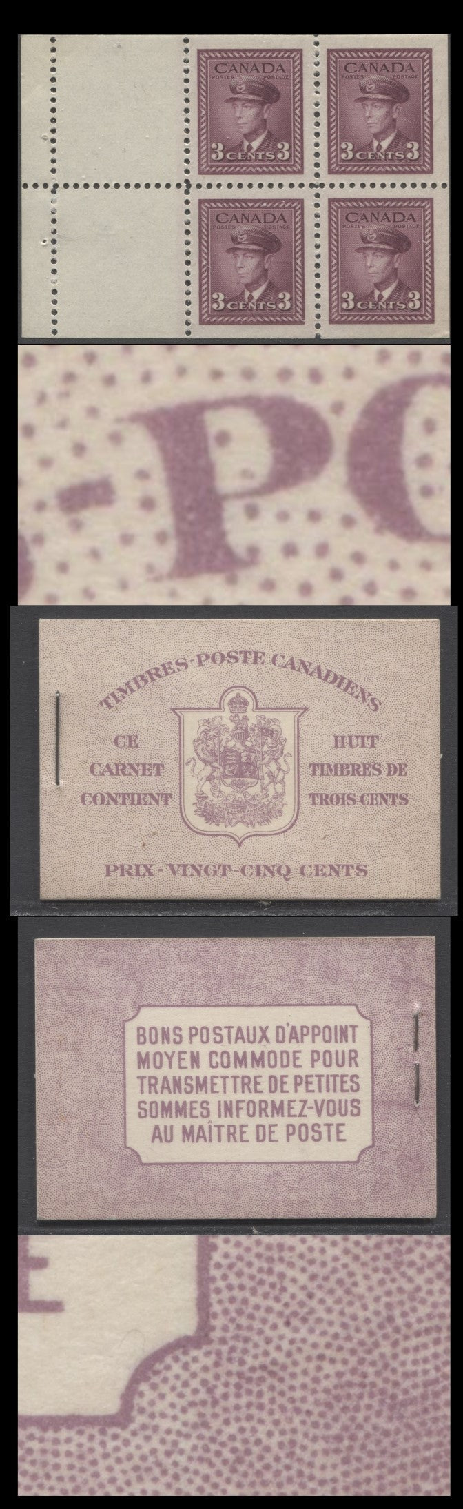 Lot 55 Canada #BK35bF 1942-1947 War Issue, A Complete 25c French Booklet, 2 Panes Of 4+2 Labels 3c Rose Violet, Front Cover IIn, Back Cover Div, Type II, Darker Back Cover, 7c & 6c Rates, 61,000 Issued