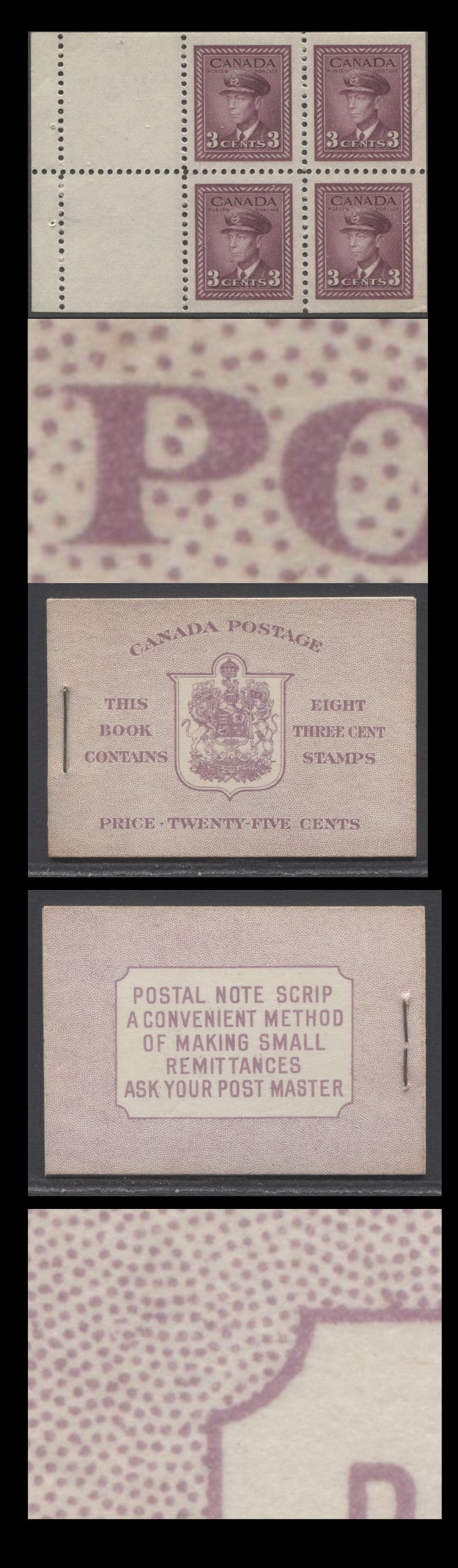 Lot 56 Canada #BK35cE 1942-1947 War Issue, A Complete 25c English Booklet, 2 Panes Of 4+2 Labels 3c Rose Violet, Front Cover IIe, Back Cover Cbi, Type IIa, 7c & 6c Rates, 'Post Master' Two Words, 1,201,000 Issued