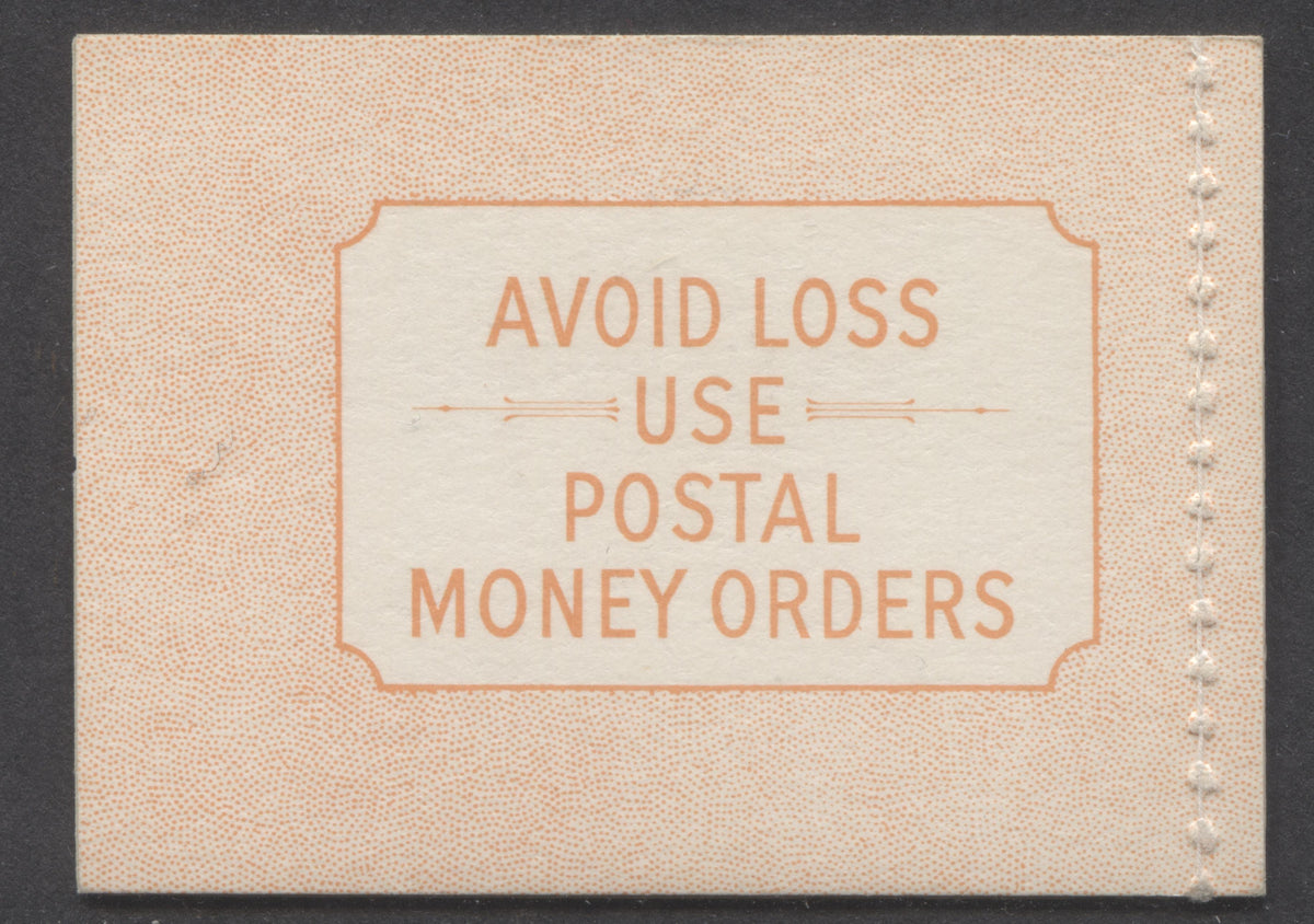 Lot 25 Canada #BK42bEIIiEi 1949-1951 KGVI Issue, A Complete 25c English Booklet With 4c Orange, Pane Of 6. Front Cover IIi, Back Cover Ei, Type II Stitched Cover, No Rate Page, 130,425 Issued