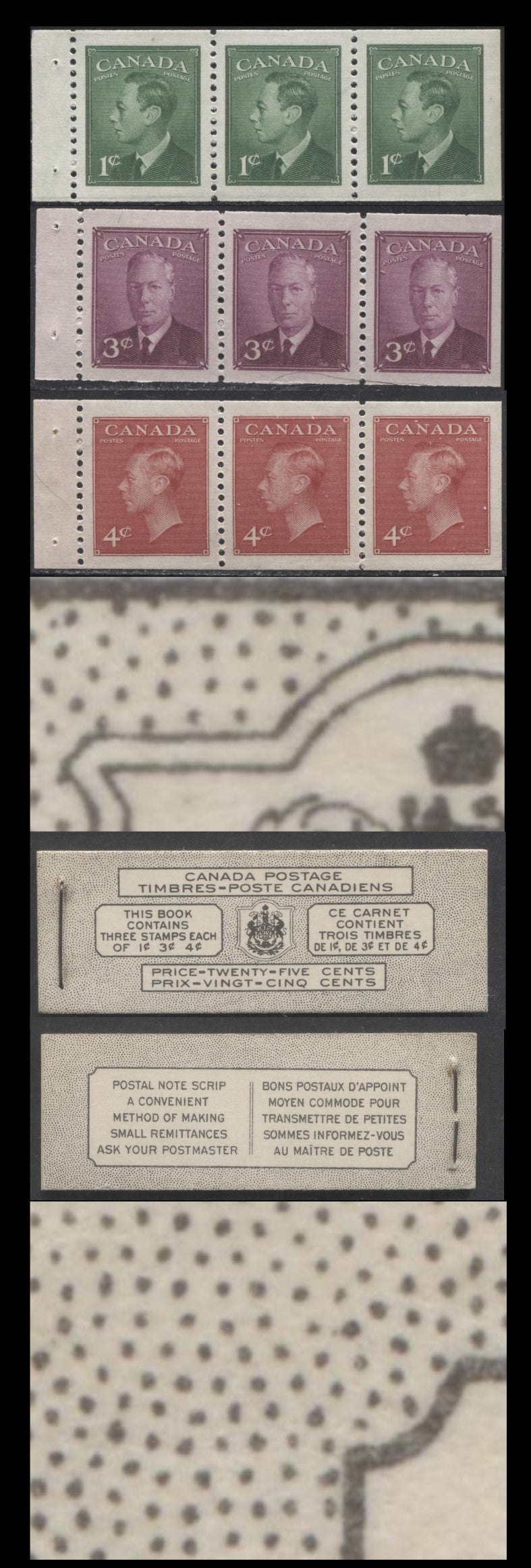 Lot 59 Canada #BK43aB 1949-1951 KGVI Issue, A Complete 25c Bilingual Booklet With 1c Green, 3c Rose Violet & 4c Dark Carmine, Panes Of 3. Front Cover VIe, Back Cover Kai, Type I Cover, 7c & 5c Rates, 332,950 Issued