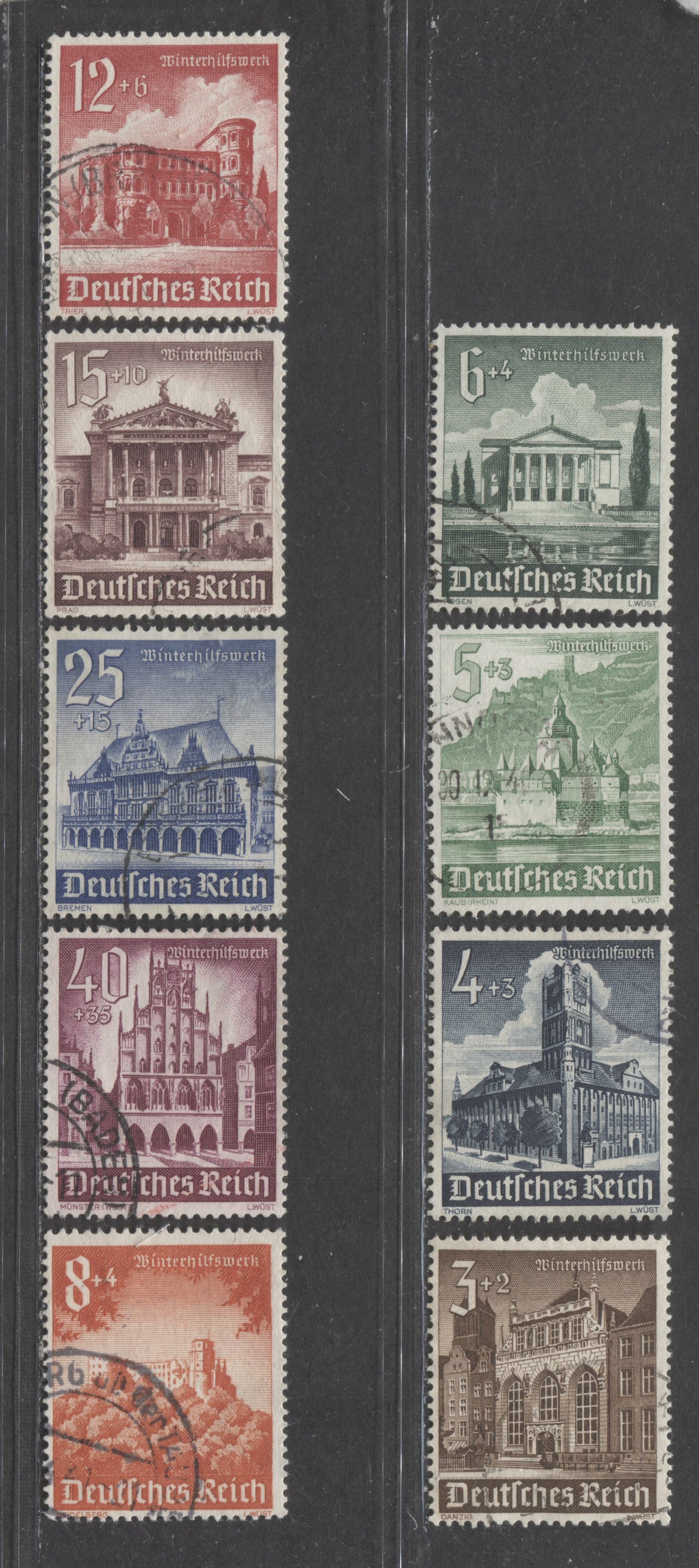 Germany SC#B177 (Mi751)-B185 (Mi759) 1940 Winter Relief Buildings Semi Postals, 9 Very Fine Used Singles, Click on Listing to See ALL Pictures, 2022 Scott Classic Cat. $15.45 USD