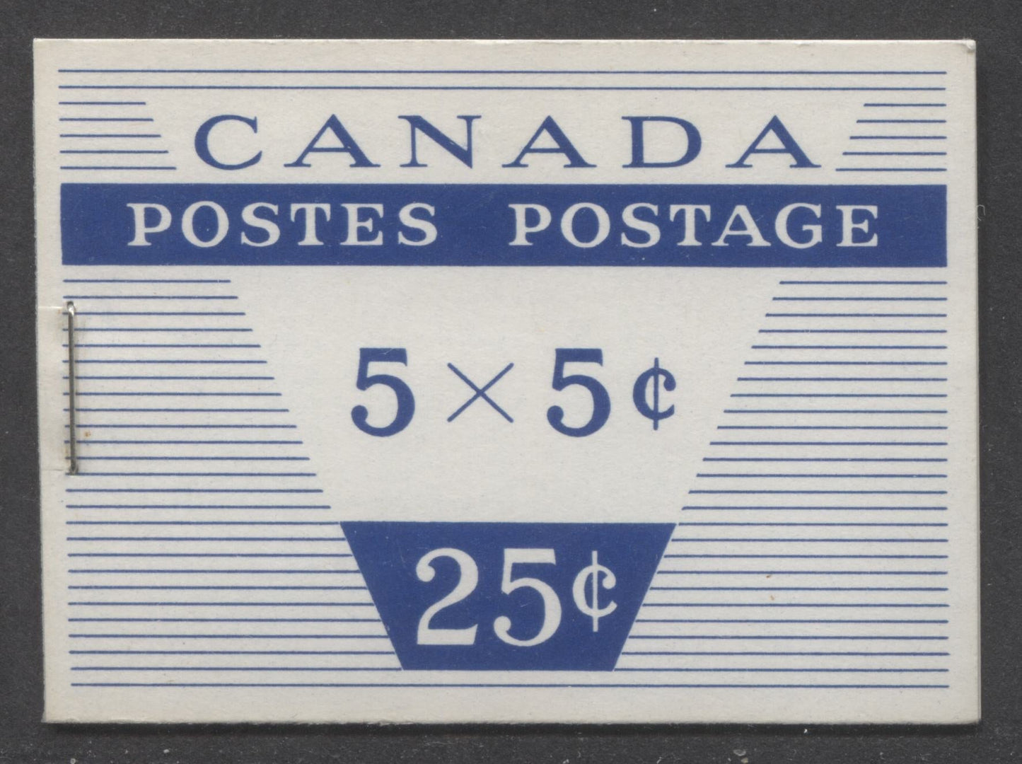 Lot 22 Canada #BK49m 1954 Wilding Issue, A Complete 25c Bilingual Booklet Made Up Of 5c Blue, One Pane Of 5+Label, Type II Cover With DF Smooth Paper, 12mm Staple, Cutting Guideline On Pane, Back Cover Is DF-fl With Very Sparce LF Fibers