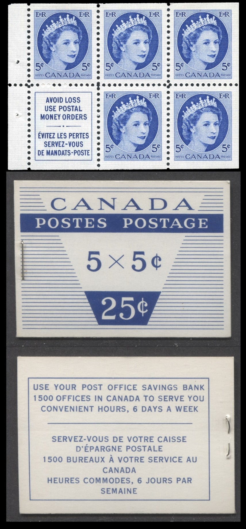 Lot 22 Canada #BK49m 1954 Wilding Issue, A Complete 25c Bilingual Booklet Made Up Of 5c Blue, One Pane Of 5+Label, Type II Cover With DF Smooth Paper, 12mm Staple, Cutting Guideline On Pane, Back Cover Is DF-fl With Very Sparce LF Fibers