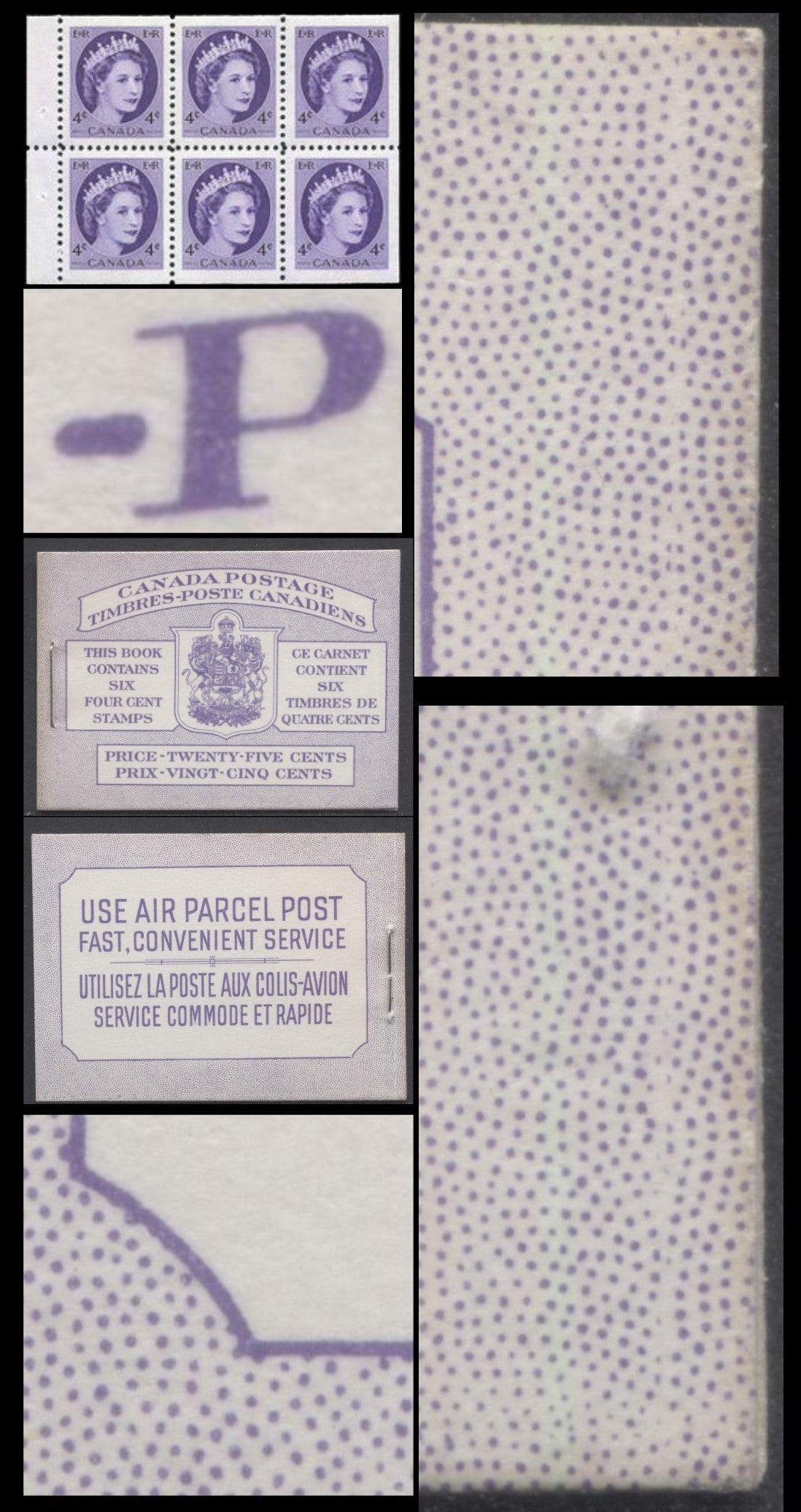 Canada #BK50var 1954 Wilding Issue, A Complete 25c Bilingual Booklet Made Up Of 4c Violet, Pane Of 6, Front Cover IIIf, Back Cover Mii, Horizontal Ribbed Paper, Die Join At Right On Back Cover
