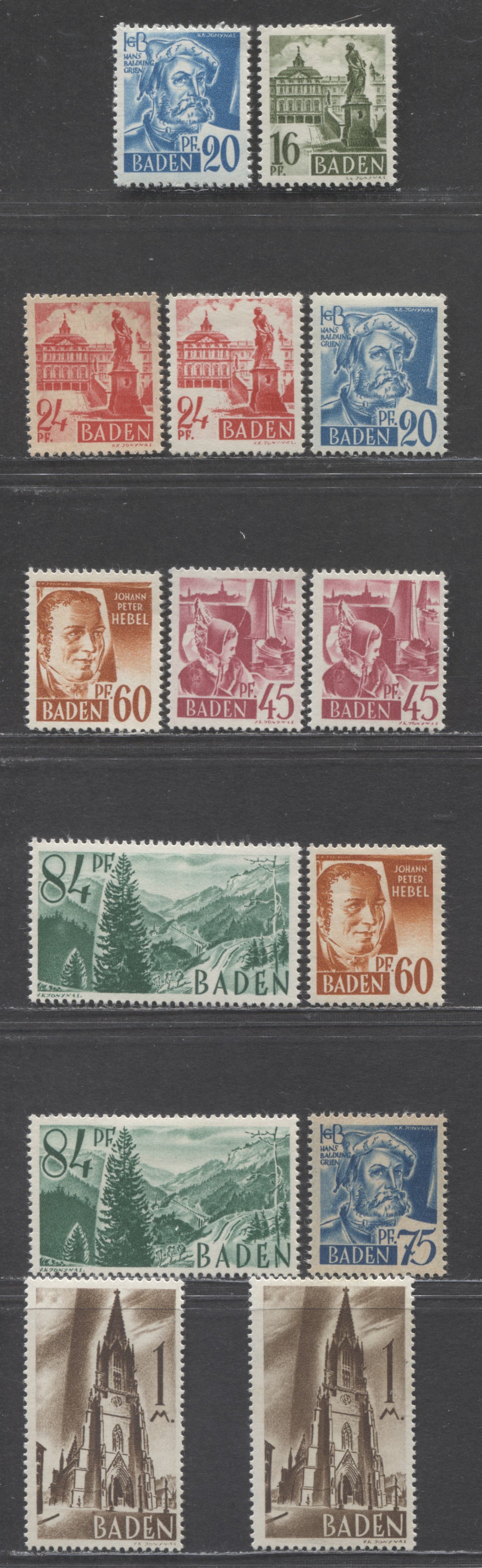 Lot 62 Germany - French Occupation of Baden SC#5N6 (6YWI)-5N13 (13YVII) 1947 1st Pictorial Issue, White & Off White Papers, Type 1-3 Pictorials, 14 VFOG Singles, Estimated Value $16 USD