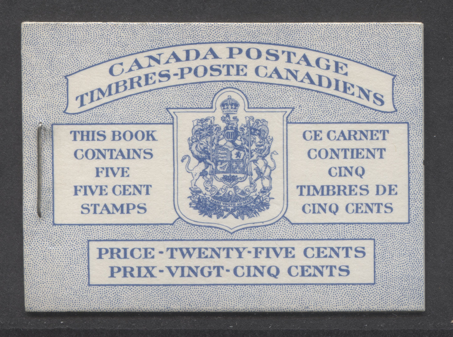 Canada #BK48aB 1954 Wildlife Issue, A Complete 25c Bilingual Booklet With 5c Blue, One Pane Of 5+Label, Front cover IIIh, Back Cover Mi, Type II Cover, Horizontal Ribbed Paper, Dot On Inner Frameline Of Shield & Dot To Upper Right Of Shield
