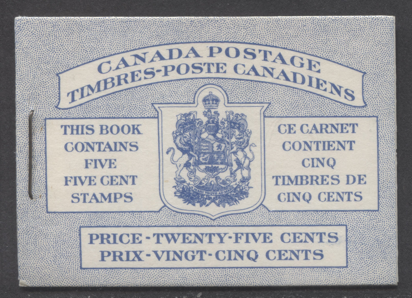 Canada #BK48aB 1954 Wildlife Issue, A Complete 25c Bilingual Booklet Made Up Of 5c Blue, One Pane Of 5+Label, Front cover IIIg, Back Cover Mi, Type II Cover, Horizontal Ribbed Paper