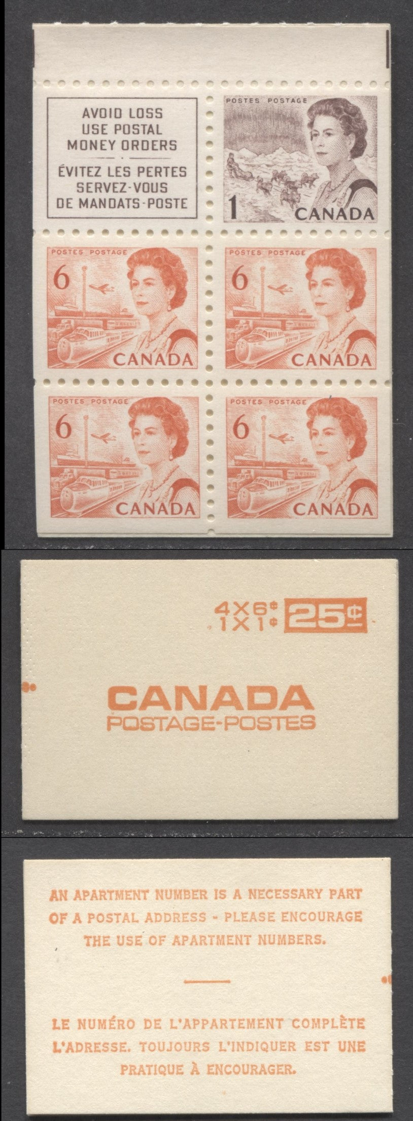 Canada #BK59b 1967-1973 Centennial Issue, A 25c 1c Brown & 6c Orange x 4 + Label Booklet, LF Pane with Very Sparse MF fibers & Smooth, Brushed Looking Gum, Coarse Printing On Back Cover