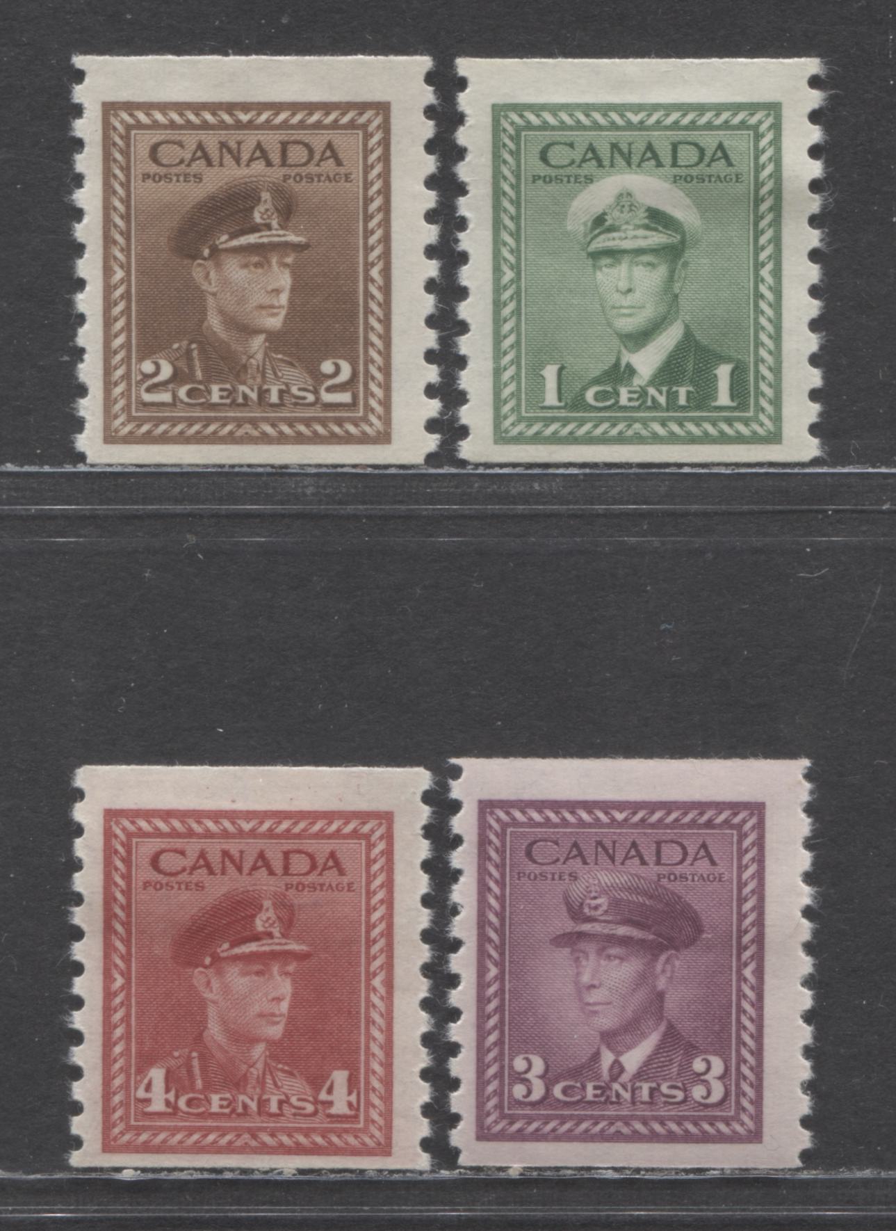 Canada #278-281 1c-4c Green-Dark Carmine King George VI, 1948 War Coil Issue, 4 FOG Coil Singles On Crisp Horizontal Wove With Cream Gum