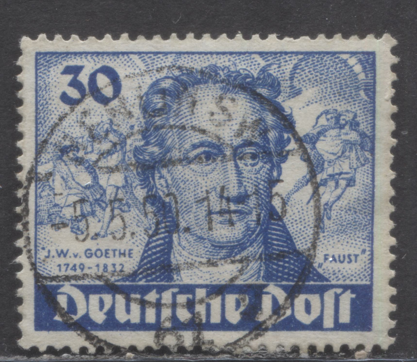 Lot 64 Germany - Berlin Mi#63I (SC#9N63) 30pf Blue 1949 Von Goethe Issue, Large Dot To Left Of 'J', Pos. 10, 20, 30, 40 & 50, A Very Good/Fine Used Single, Click on Listing to See ALL Pictures, Estimated Value $30