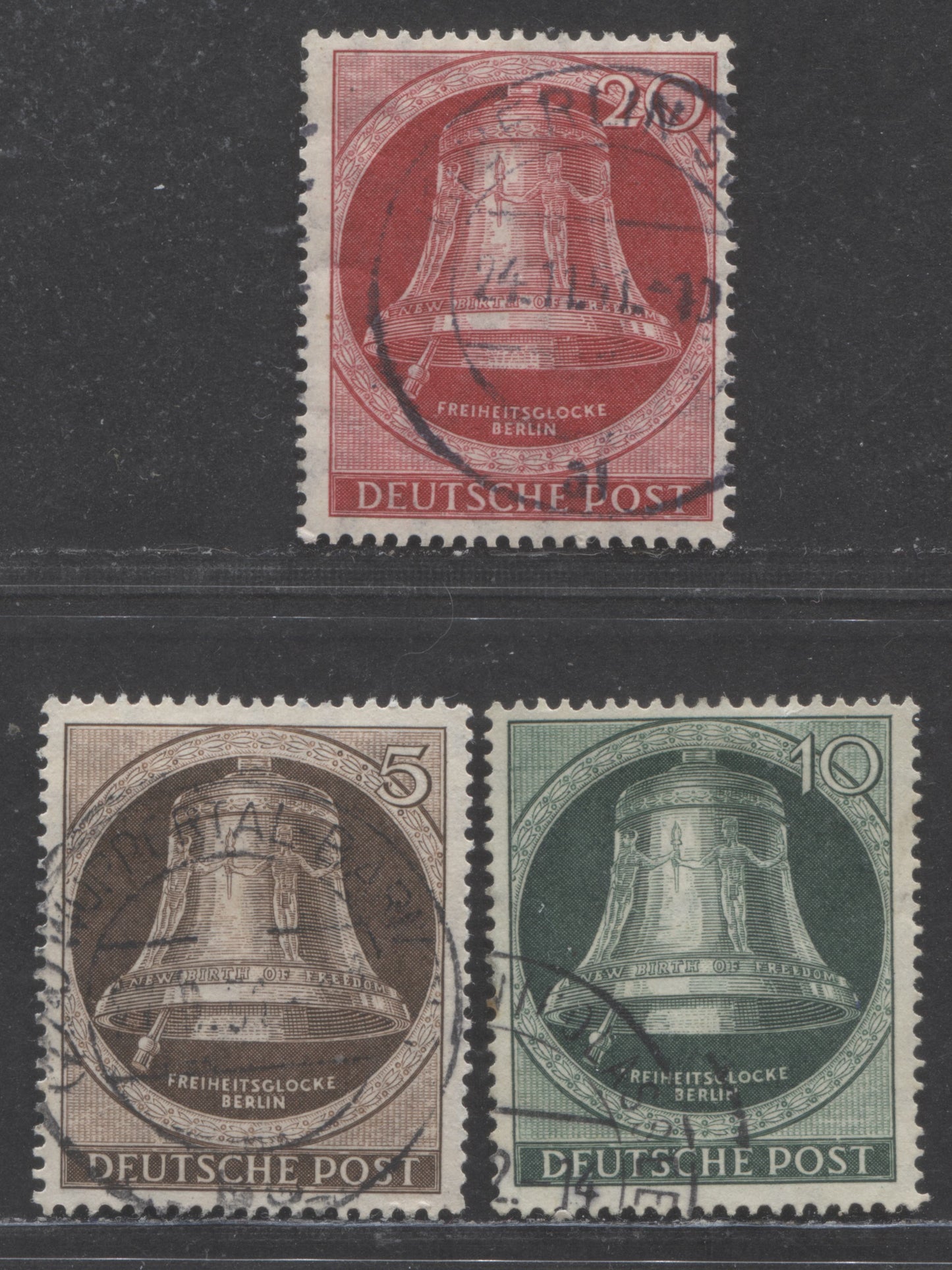 Lot 102 Germany - Berlin Mi#73 (SC#9N70)-77 (SC#9N72) 1951 Freedom Bell Issue, 3 Fine/Very Fine Used Singles, Estimated Value $40