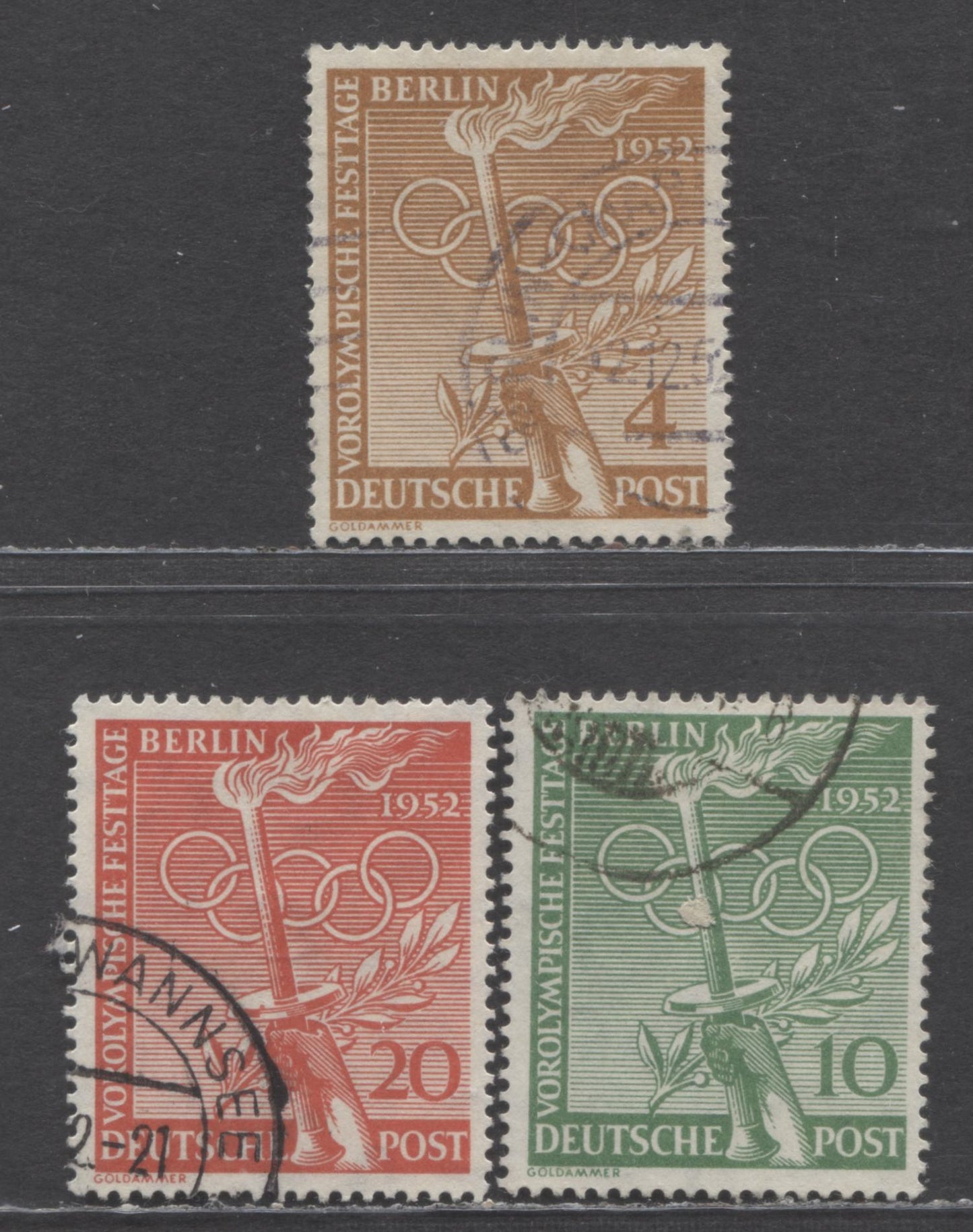 Lot 105 Germany - Berlin Mi#88 (SC#9N81)-90 (SC#9N83) 1952 Pre-Olympic Festival Day Issue, 3 Very Fine Used Singles, Click on Listing to See ALL Pictures, Estimated Value $42
