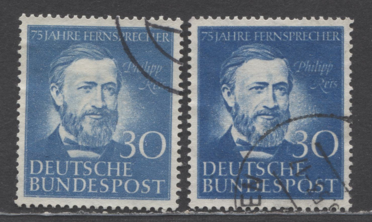 Lot 63 Germany Mi#161 (SC# 693) 30pf Cobalt 1952 75th Anniversary Of Telephone Service Issue, Two Shades, 2 Very Fine Used Singles, Click on Listing to See ALL Pictures, Estimated Value $30