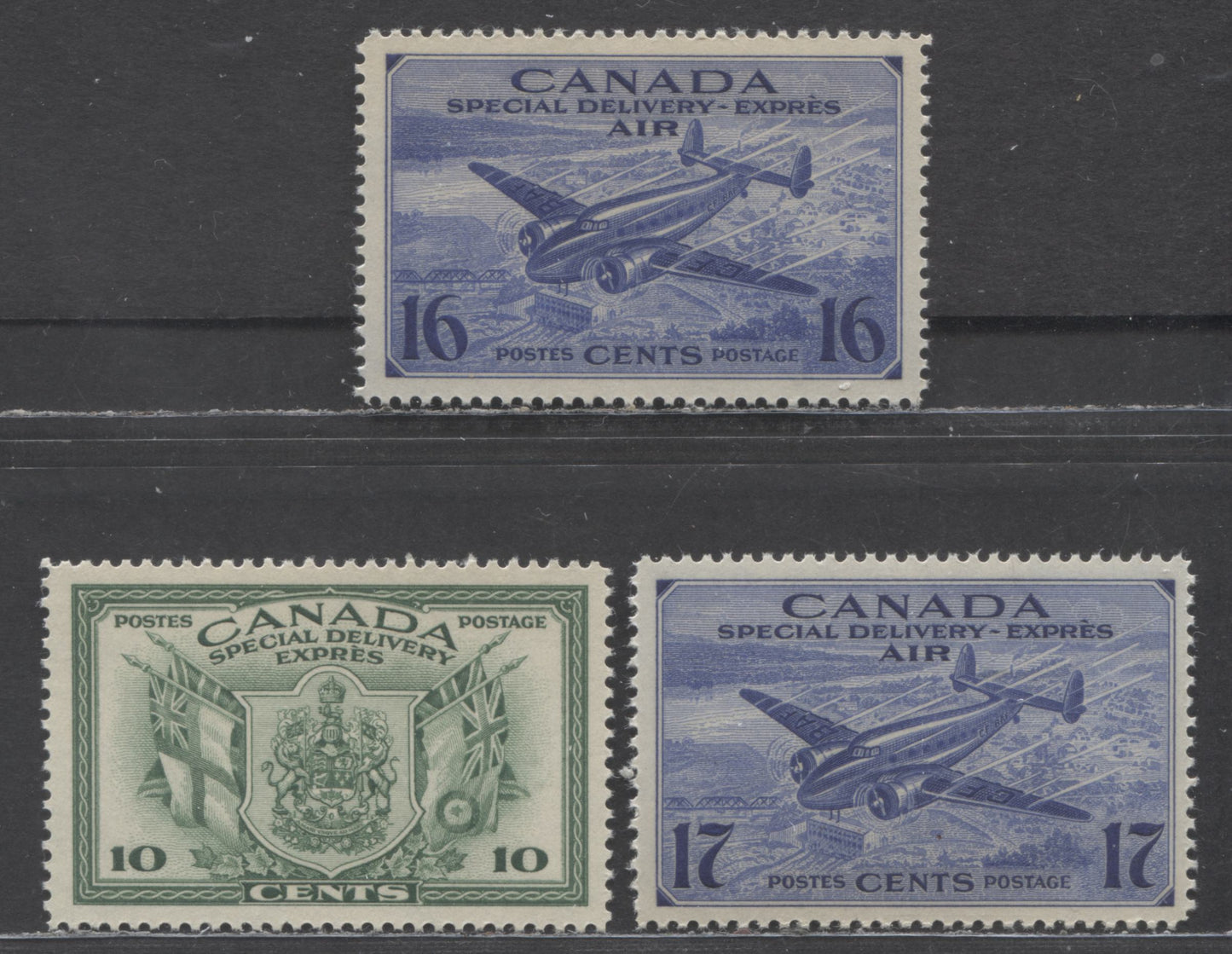 Lot 124 Canada #CE1- CE2, E10 16c-17c,10c Bright Ultramarine, Green, 1942-1943 Air Mail Special Delivery,Special Delivery - War Issue, 3 VFNH Singles
