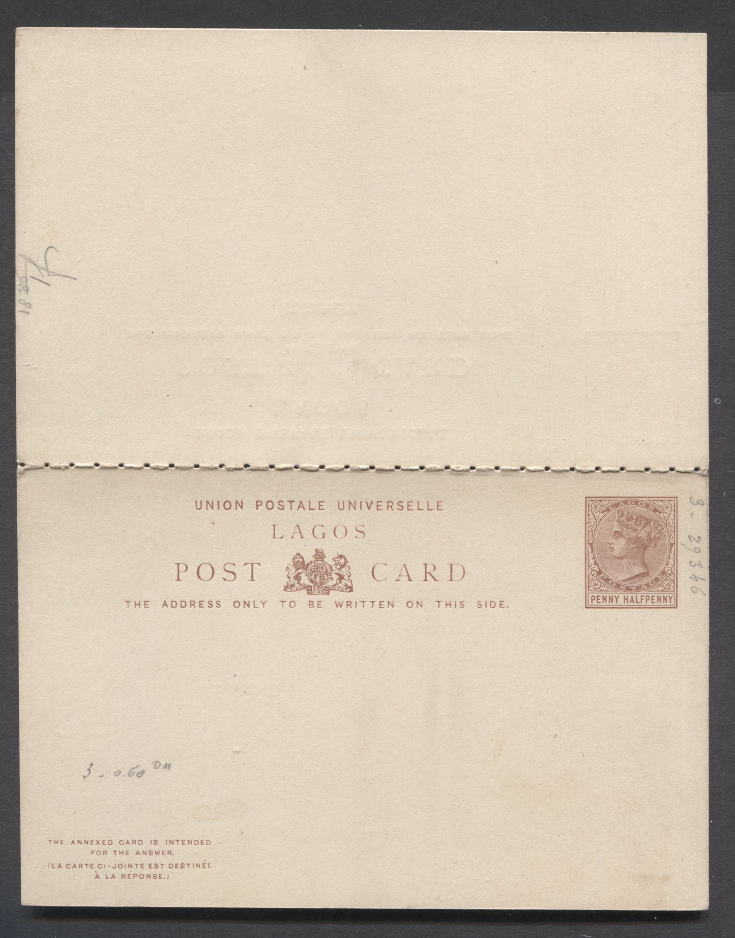 Lot 72 Lagos 1879-1880 Queen Victoria Issue, Few Pencil Notations That Can Easily Be Erased, A VFOG Reply Card, Click on Listing to See ALL Pictures, Estimated Value $20