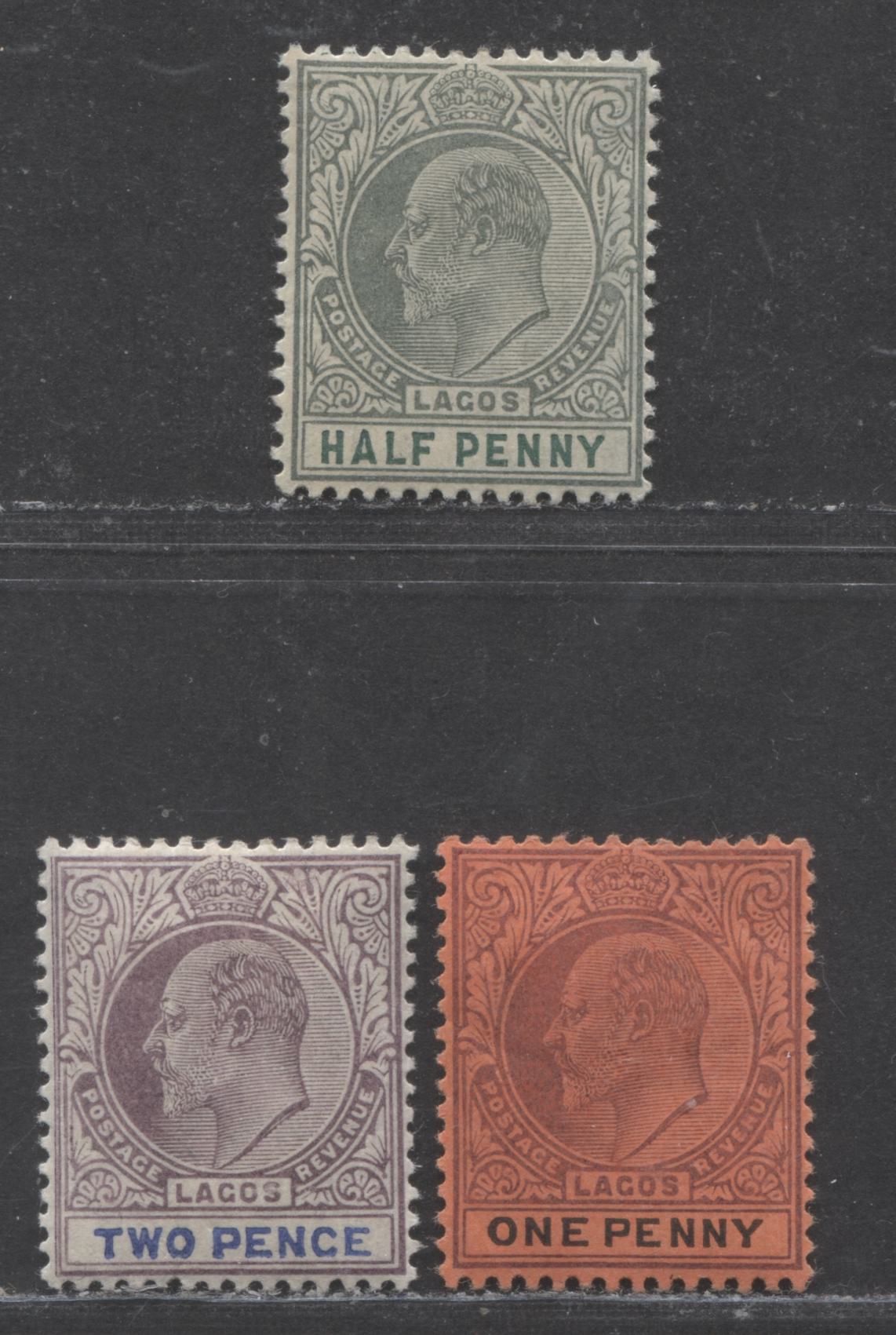 Lot 113 Lagos SC#50-52 1904 King Edward VII Issue, Multiple Crown CA Wmk, 3 VFOG Singles, Click on Listing to See ALL Pictures, 2017 Scott Cat. $28
