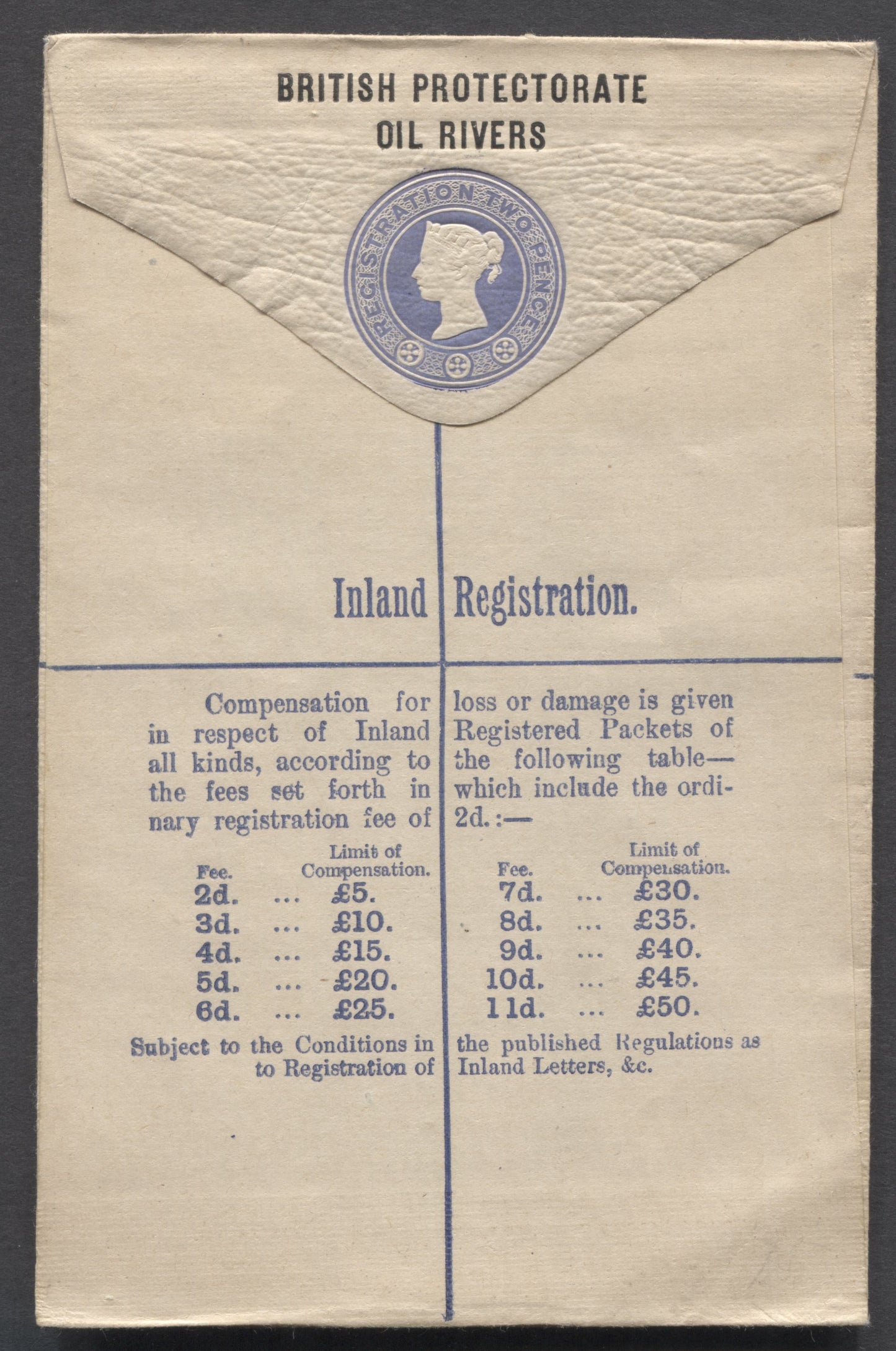 Lot 72 Niger Coast Protectorate SC# 1892-1893 , 2d Registration Envelope, Fresh, Back Showing Compensation Limits To 50 GBP, 0 Fine/Very Fine Unused Registration Envelope, Click on Listing to See ALL Pictures, Estimated Value $25