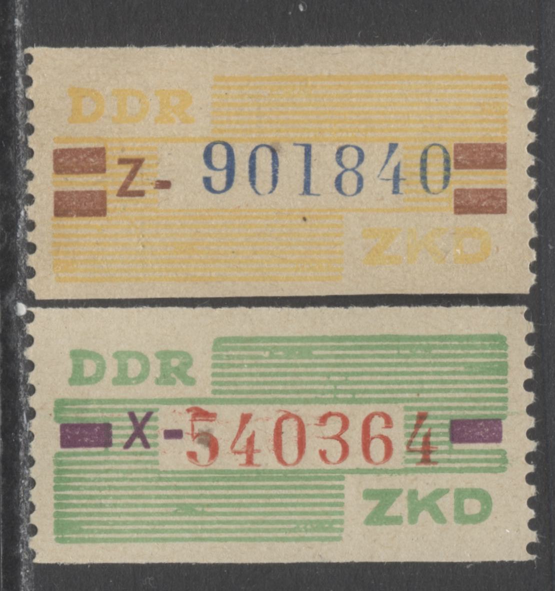 German Democratic Republic Mi#24x,25z 10pf Green, Red & Violet, 20pf Yellow, Red Brown & Lilac Ultramarine 1959 Official Coils Issue, Original Printing For Leipzig And Reprint For Chemnitz, 2 VFNH Singles, Estimated Value $25 USD