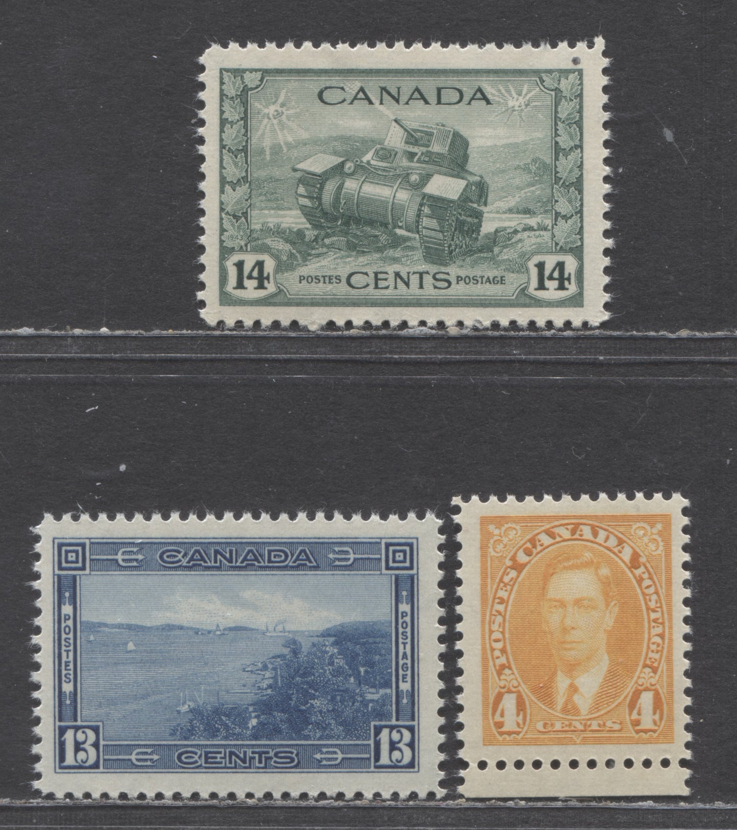 Canada #234, 242, 259 4c/14c Yellow - Dull Green KGVI/Ram Tank, 1937-1943 KGVI Mufti & War Issues, 3 FNH Singles With Different Paper & Gums