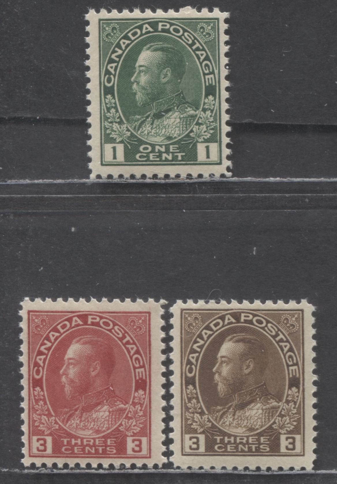 Lot 130 Canada #104, 108c, 109d 1c & 3c Dark Green, Brown & Carmine King George V, 1911-1925 Admiral Issue, 3 VFOG Singles, 3c Brown Dry Printing & 3c Carmine Die 1