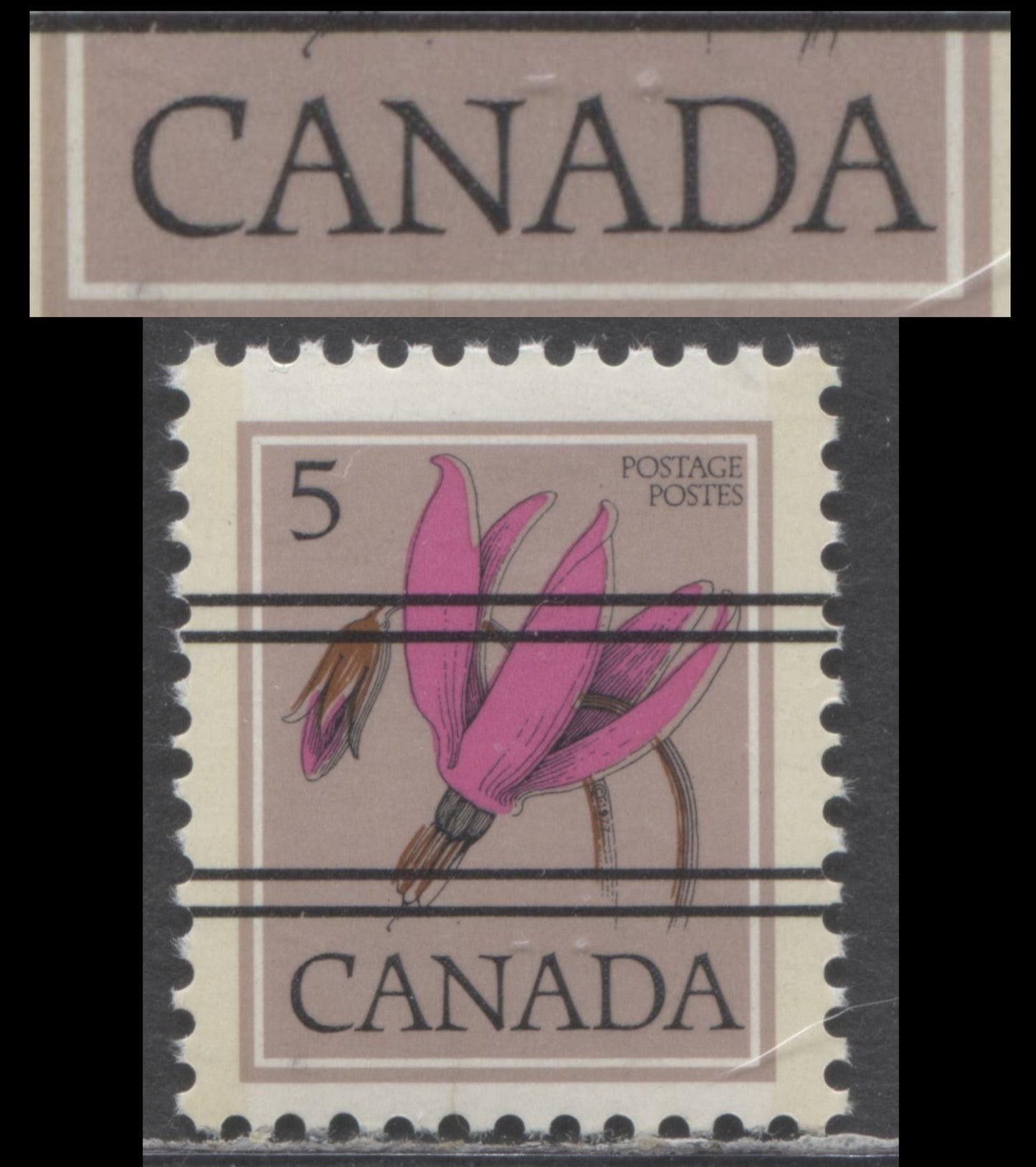 Canada #710xx var 5c Multicoloured Shooting Star, 1977-1982 Floral Definitive Issue, Canada Doubled, Once Albino, DF/DF Greyish White, Moderate Tagging, Off-White Paper, Satin PVA
