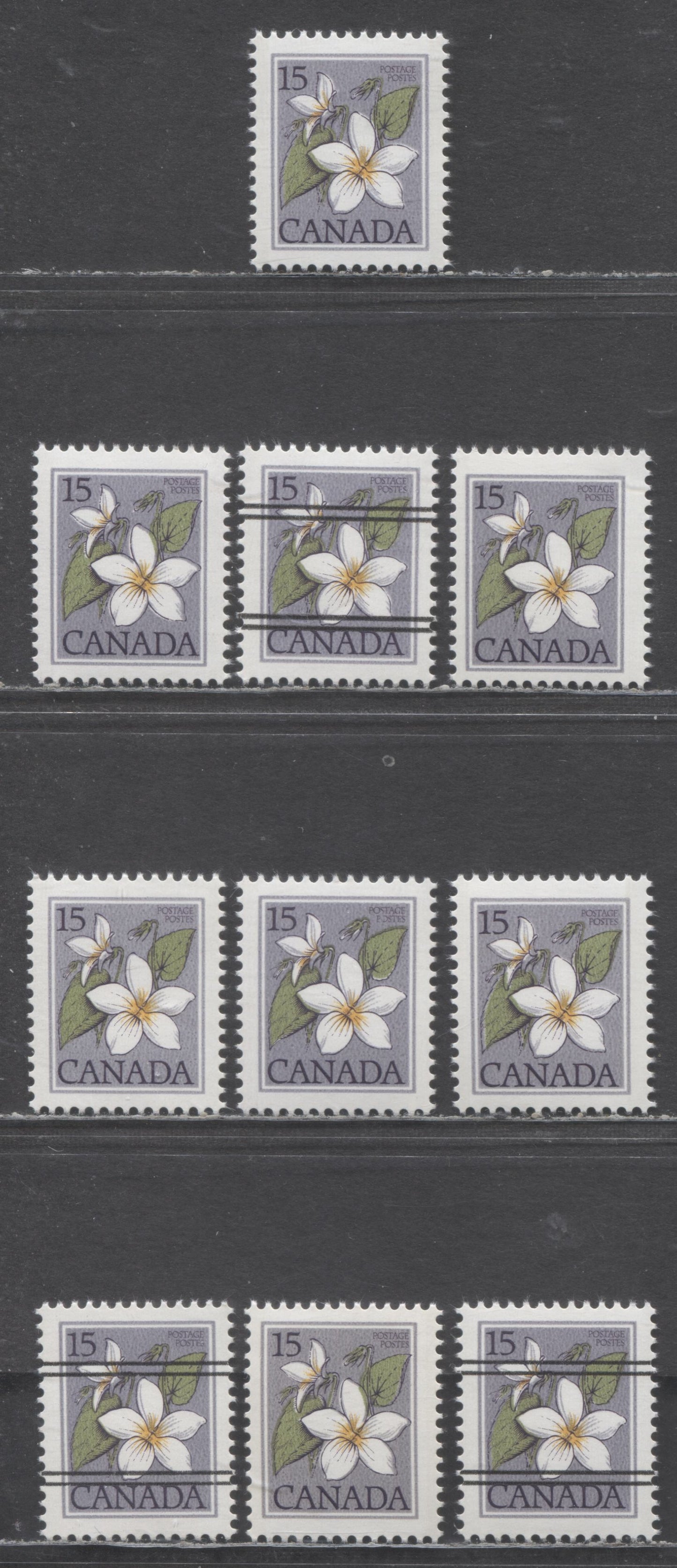 Canada #787, 787iii,787xxi 15c Multicoloured Canadian Violet, 1979-1983 Floral Definitive Issue, On Different White Fluorescent Papers & DF Papers With Different PVA Gums. All With Invisible Tagging $15