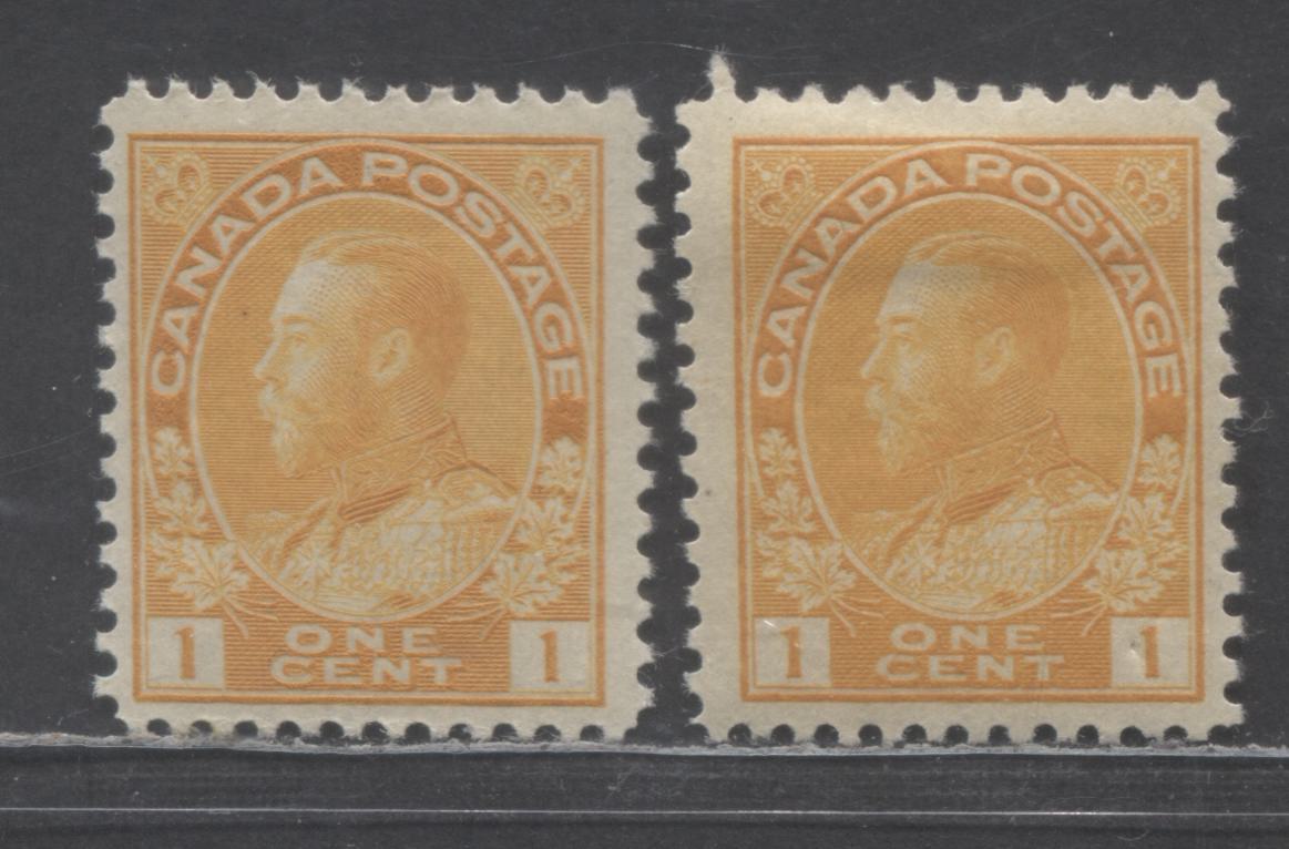 Lot 141 Canada #105i, 105f 1c Yellow King George V, 1911-1925 Admiral Issue, 2 VFOG Singles, Die 1, Wet & Dry Printing