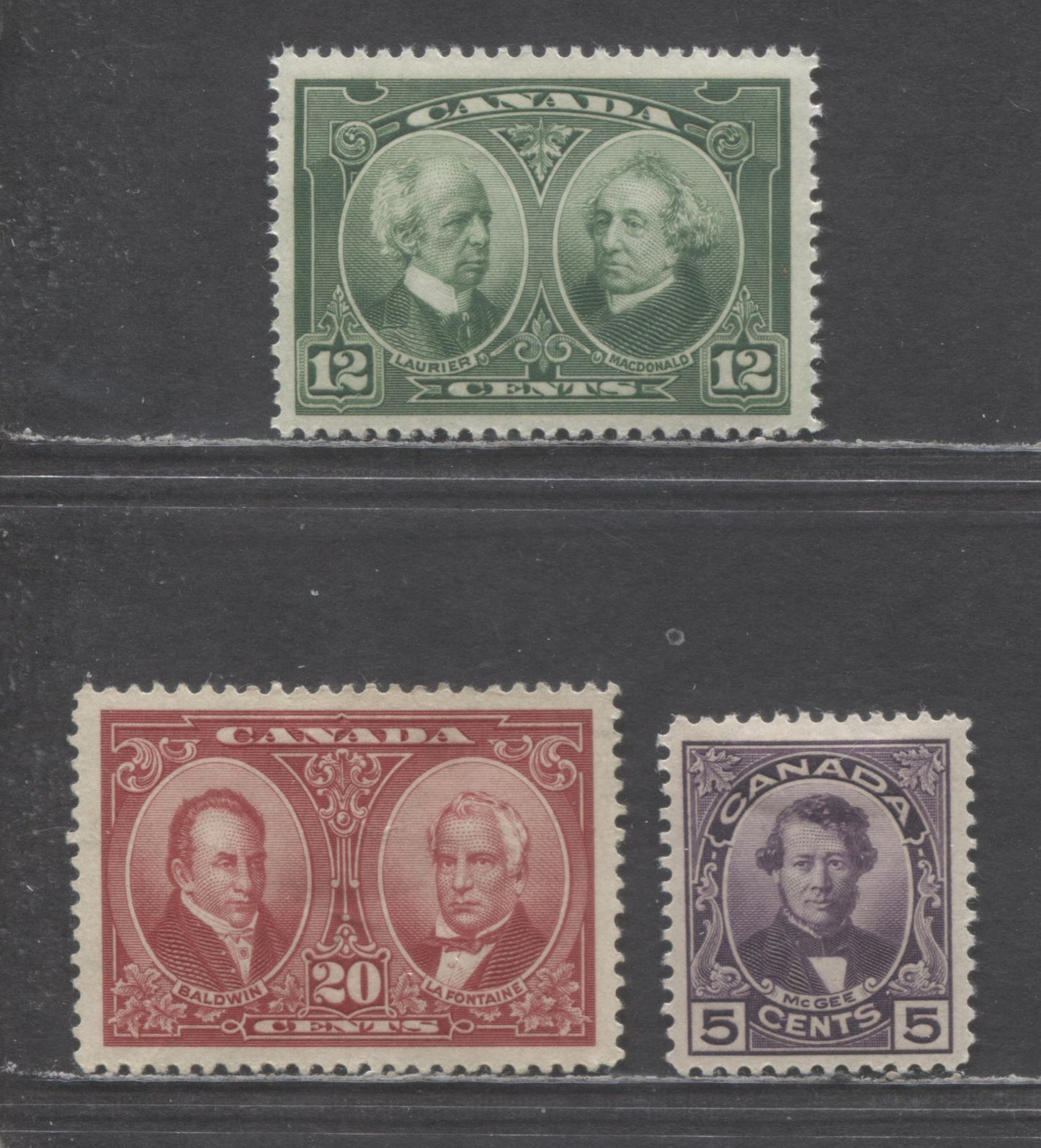 Canada #146-148 5c-20c Violet - Brown Carmine Thomas D'arcy Mcgee - Baldwin & Lafontaine, 1927 Historical Issue, 3 VFOG Singles