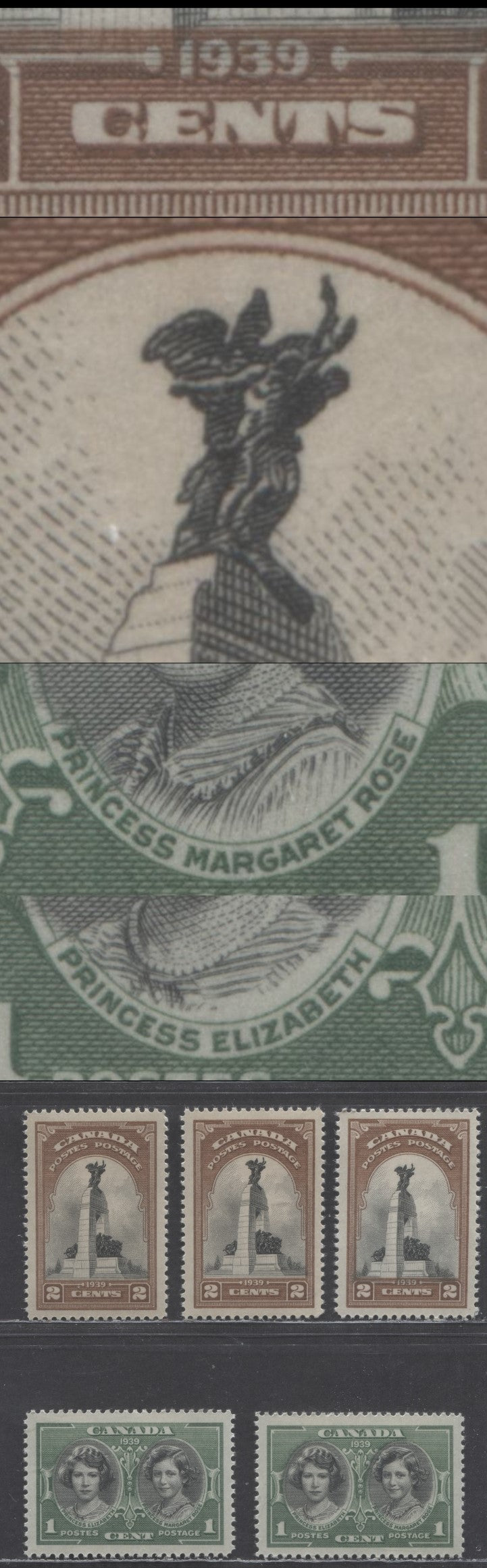 Canada #246, 247var 1c-2c Green/Black - Brown/Black HRH Elizabeth & Margaret - National Memorial, 1939 Royal Visit Issue, 5 VFNH Singles With Major Shifts
