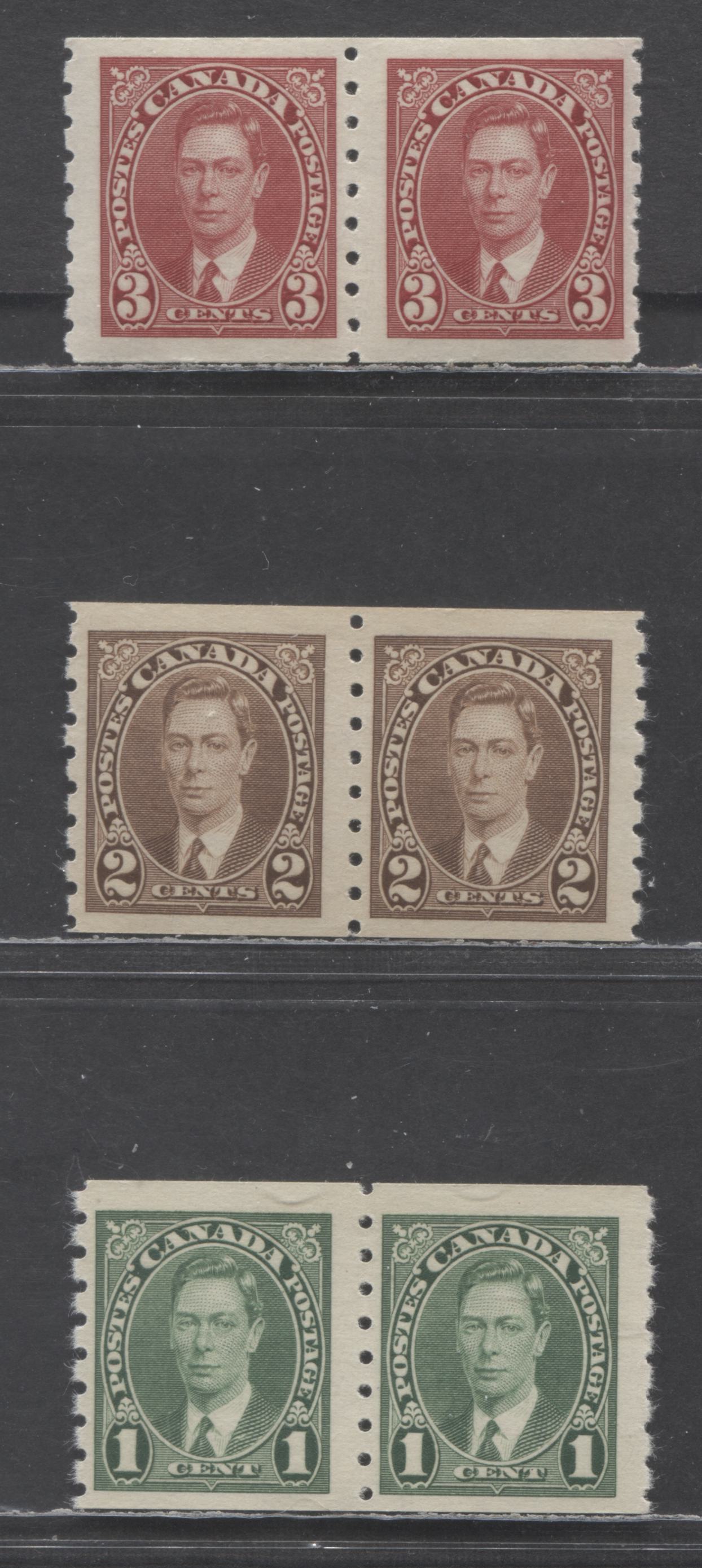 Canada #238-240 1c-3c Green - Carmine King George VI, 1937 Mufti Coil Issue, 3 FNH Coil Pairs