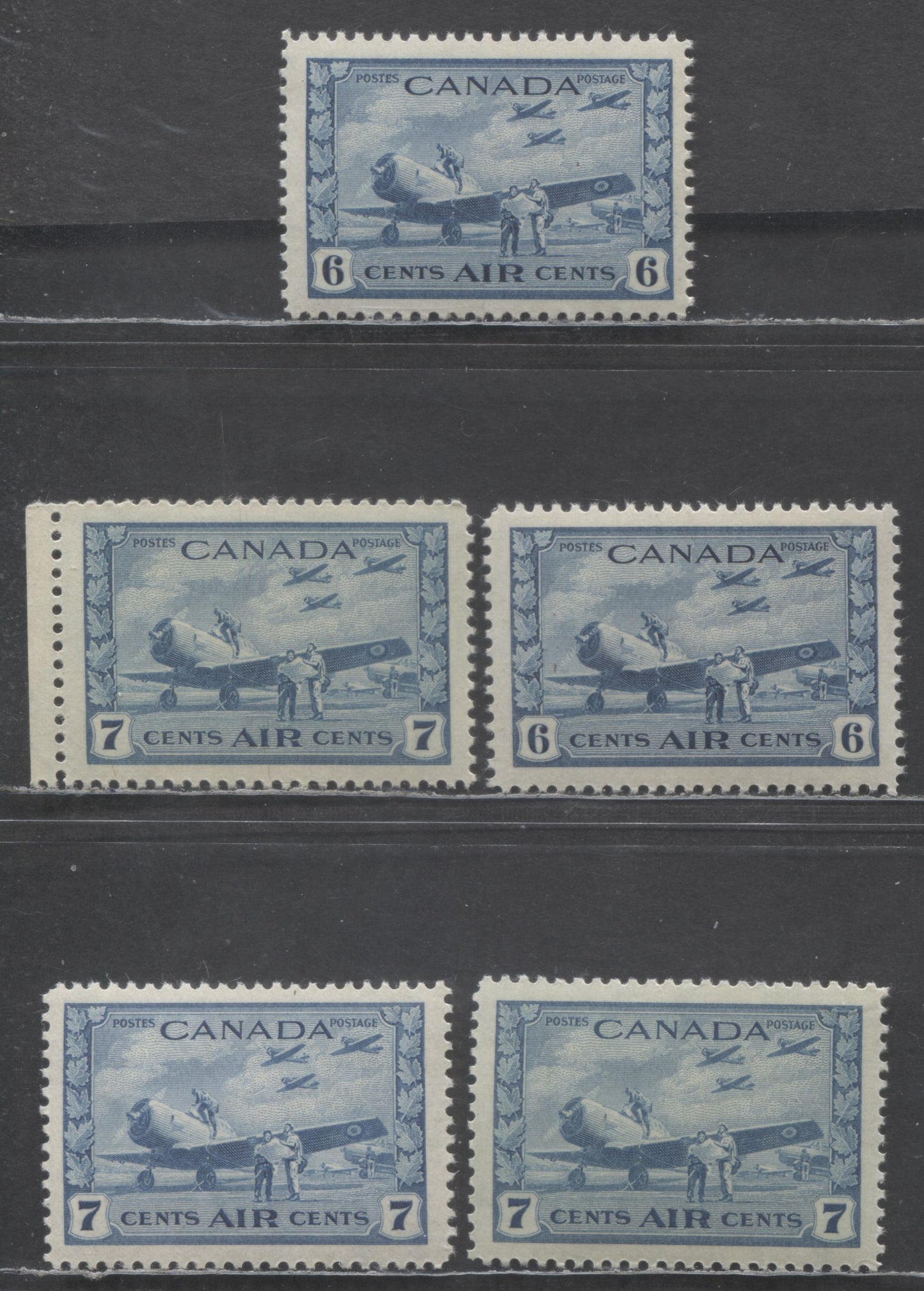 Lot 146 Canada #C7-C8 6c-7c Training Plane, 1942-1943 Air Mail - War Issue, 5 VFNH Singles Two Different Shades Of 6c And 2 Shades & 3 Printings Of The 7c