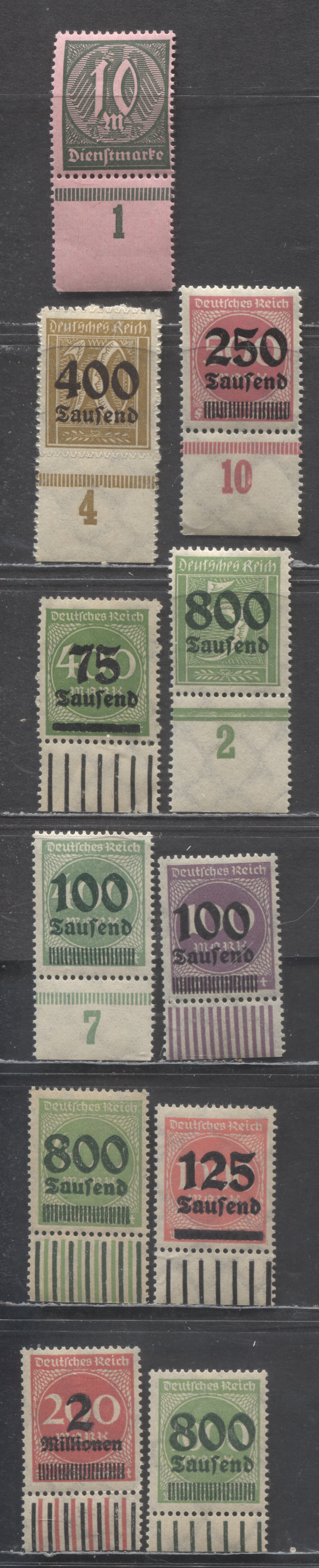 Lot 149 Germany SC#251/O17 1923 Surcharges, Showing Marginal Markings & Column Numbers, 11 F/VFNH Bottom Sheet Margin Singles, Click on Listing to See ALL Pictures, Estimated Value $18