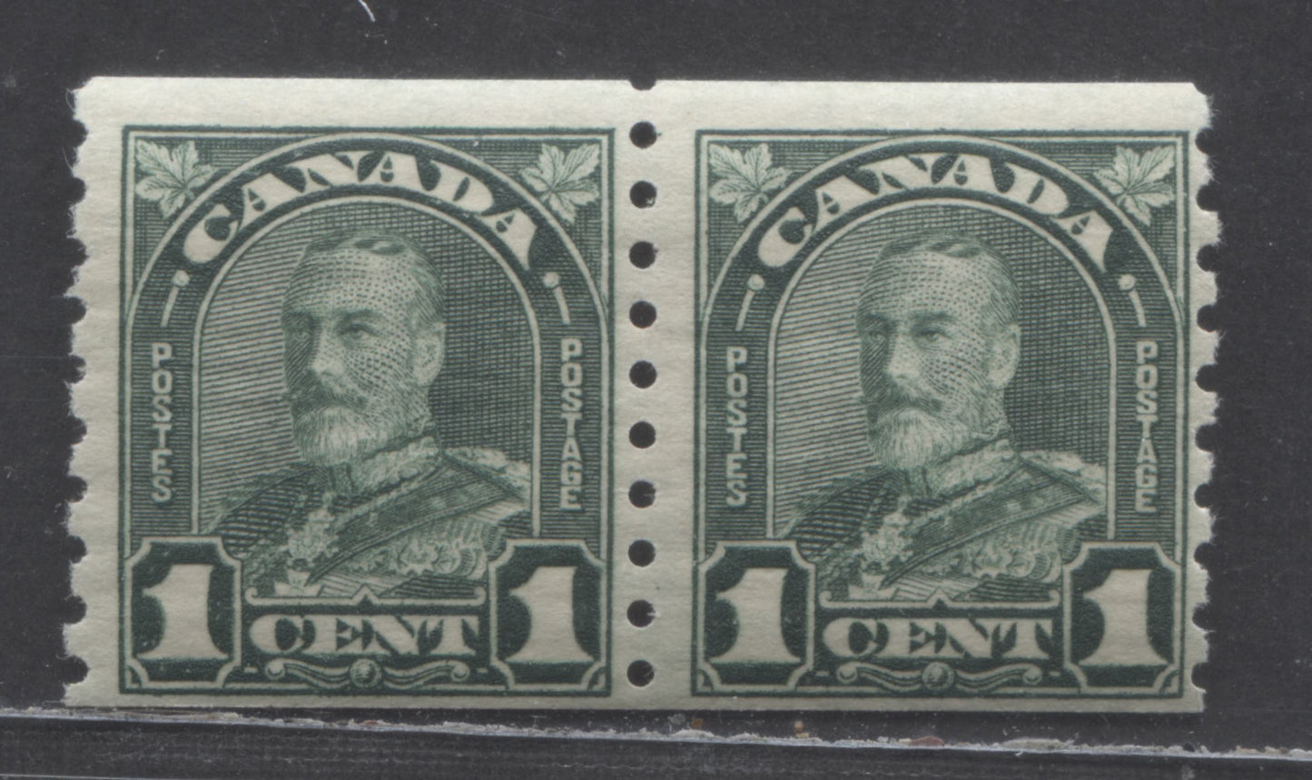 Canada #179 1c Dull Green King George V, 1930-1931 Arch/Leaf Coil Issue, A FNH Coil Pair